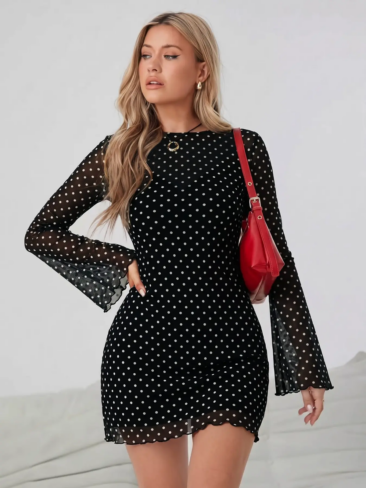 Mesh Print Flare Sleeve Mini Dress