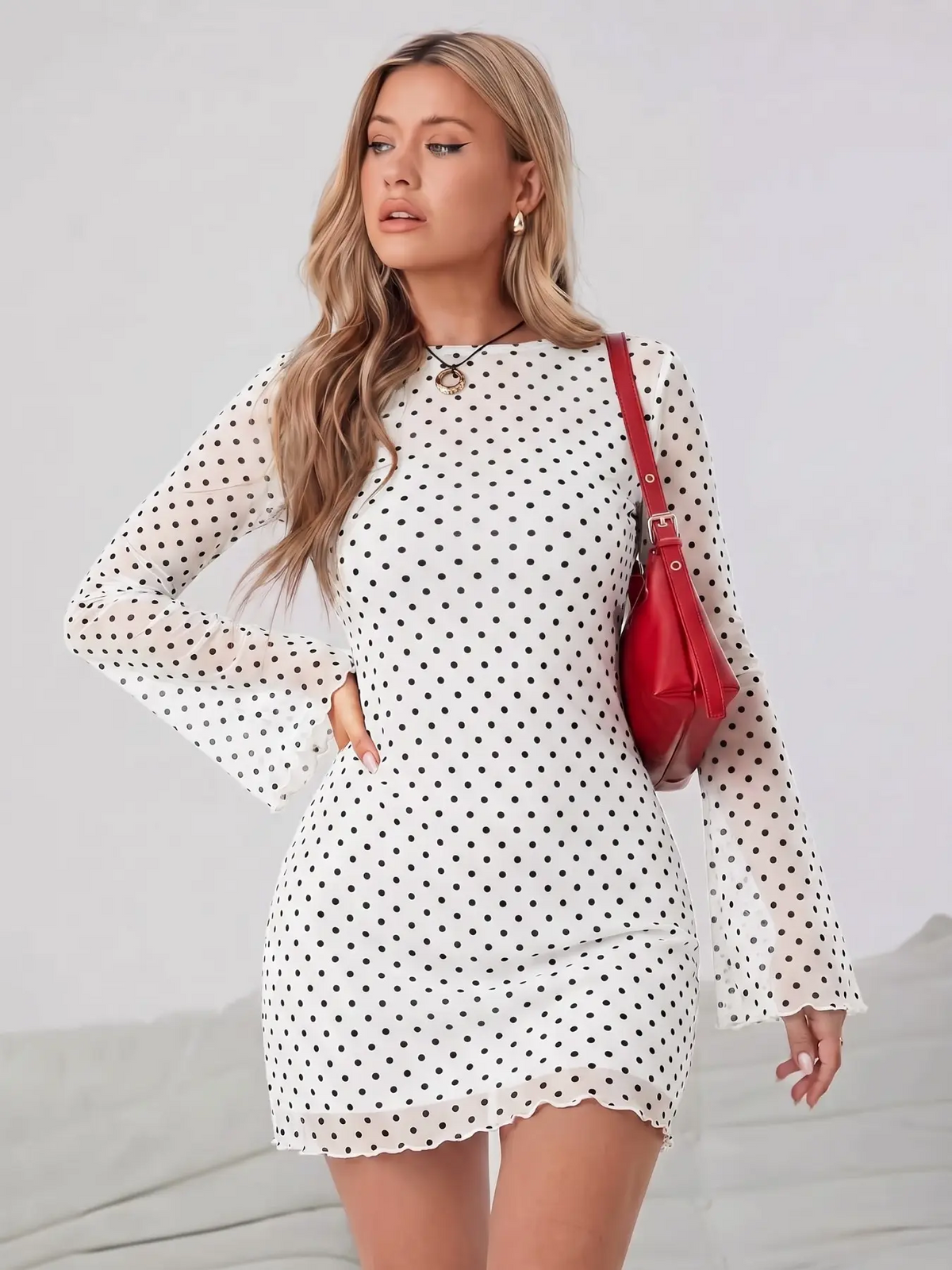Mesh Print Flare Sleeve Mini Dress