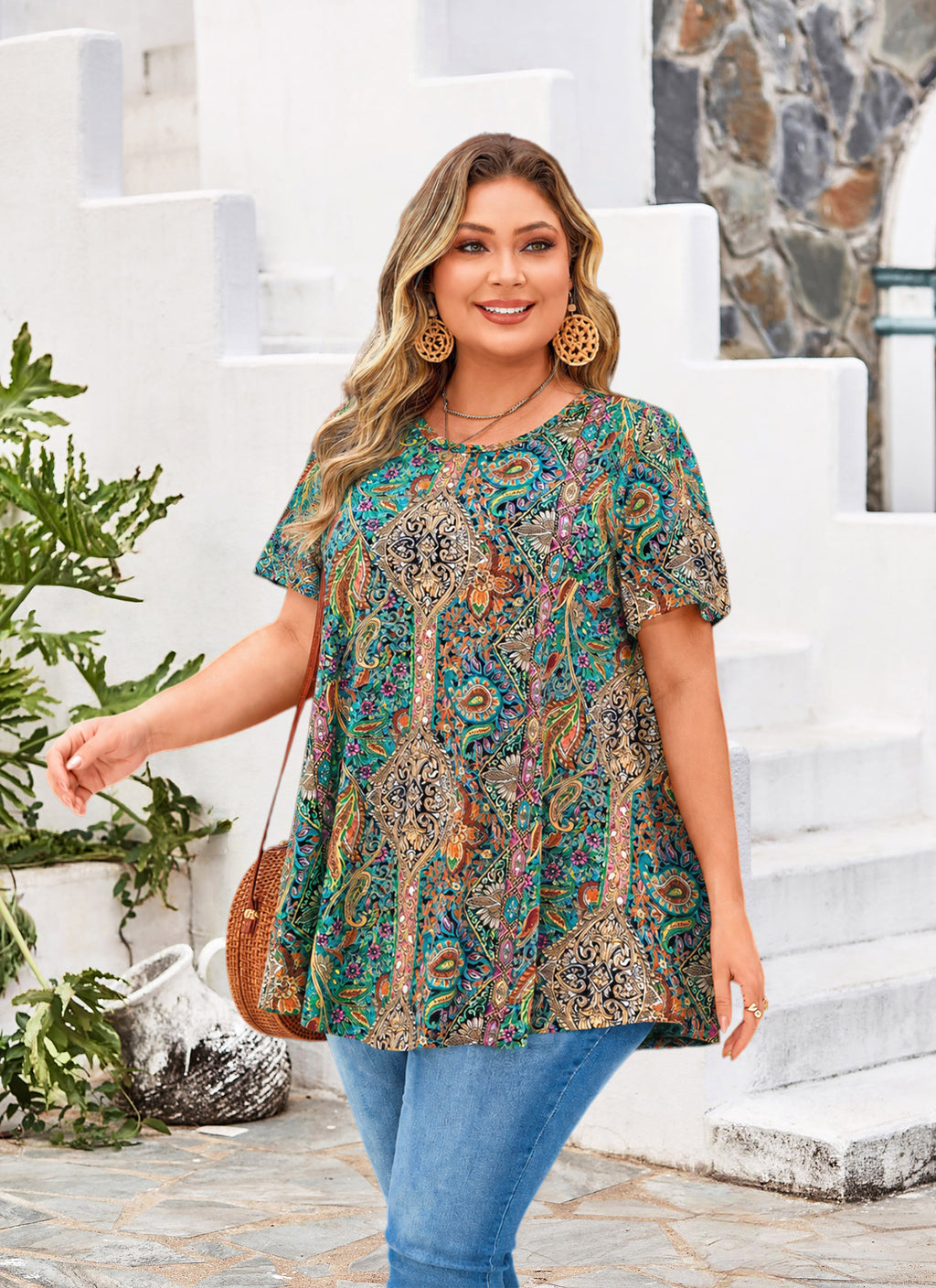 Womens Plus Size Tops Short Sleeve Swing Flare Flowy Tunic Loose Fit Summer Casual Blouses to Wear with Leggings