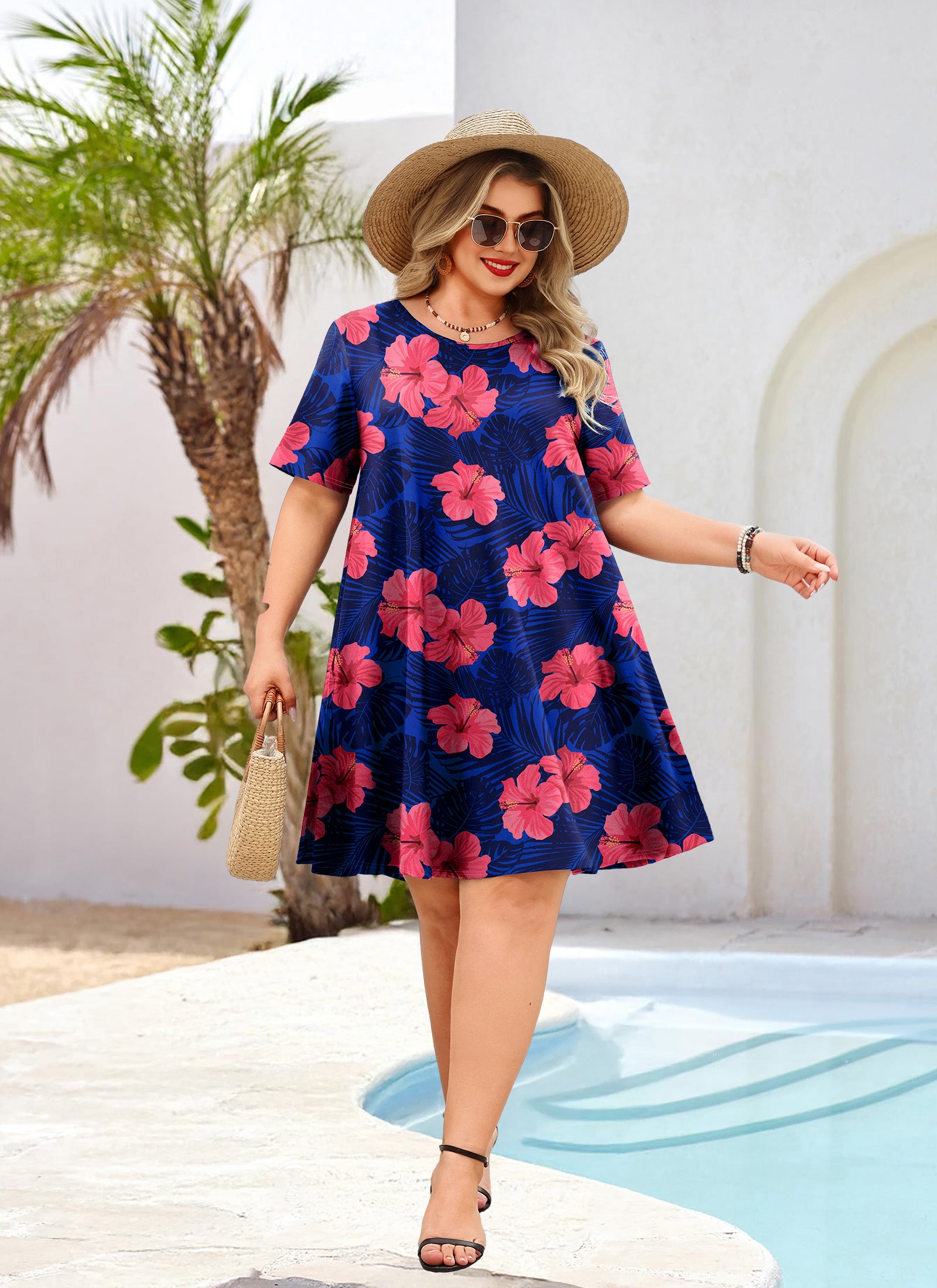Women's Casual T-Shirt Dress Plus Size Summer Short Sleeve Crewneck Swing Dresses Beach Vacation