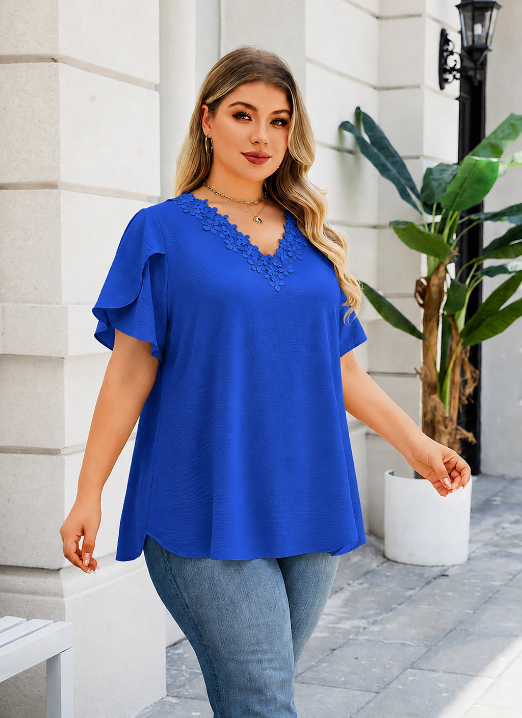Plus Size Top V Neck Short Sleeve Blouses for Curvy Women Loose Fit Dressy Floral Trim Ladies Tunic