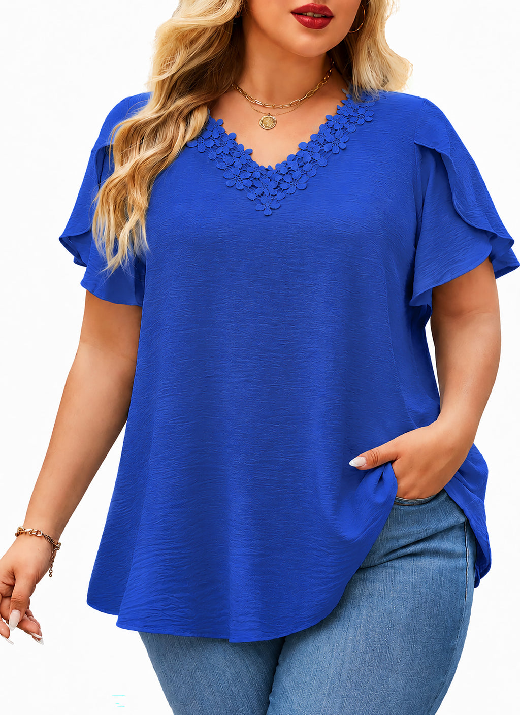 Plus Size Top V Neck Short Sleeve Blouses for Curvy Women Loose Fit Dressy Floral Trim Ladies Tunic