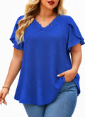 Plus Size Top V Neck Short Sleeve Blouses for Curvy Women Loose Fit Dressy Floral Trim Ladies Tunic