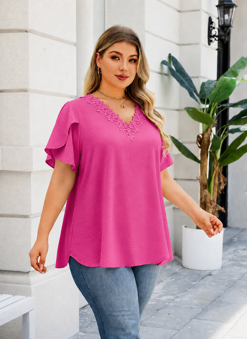 Plus Size Top V Neck Short Sleeve Blouses for Curvy Women Loose Fit Dressy Floral Trim Ladies Tunic