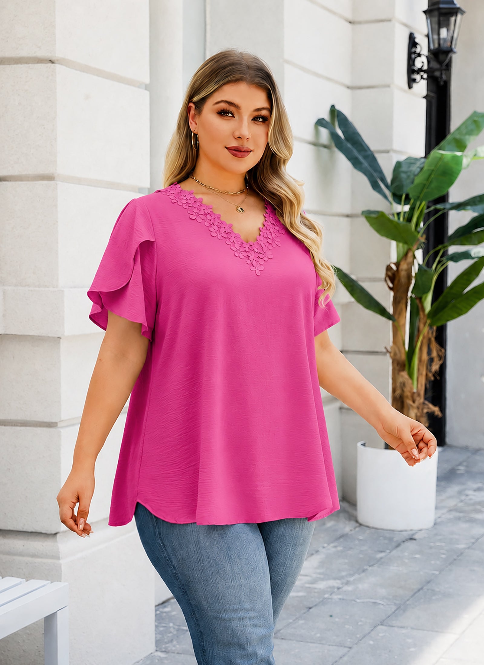 Plus Size Top V Neck Short Sleeve Blouses for Curvy Women Loose Fit Dressy Floral Trim Ladies Tunic