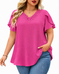 Plus Size Top V Neck Short Sleeve Blouses for Curvy Women Loose Fit Dressy Floral Trim Ladies Tunic