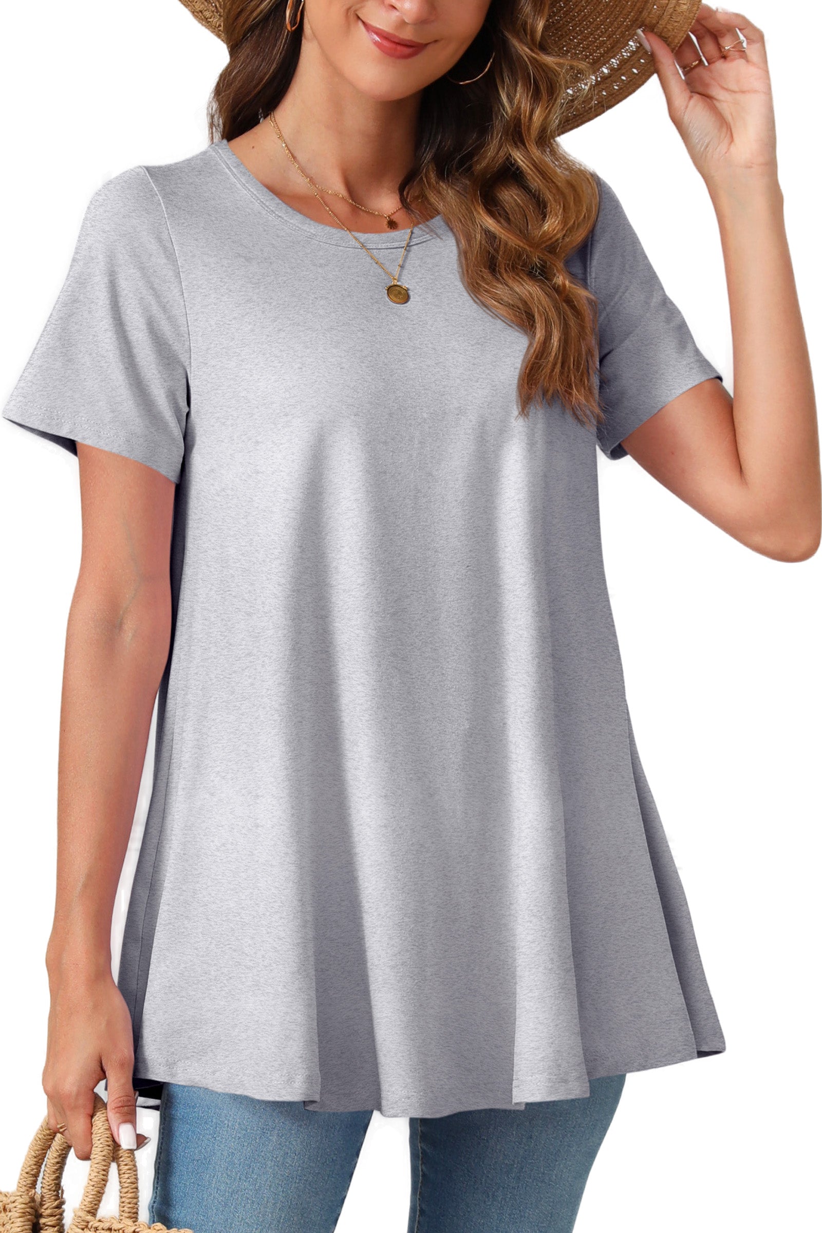 Tunic Tops for Women Plus Size Short Sleeve Crew Neck Swing Flare Loose T-Shirt Blouses to Wear with Leggings