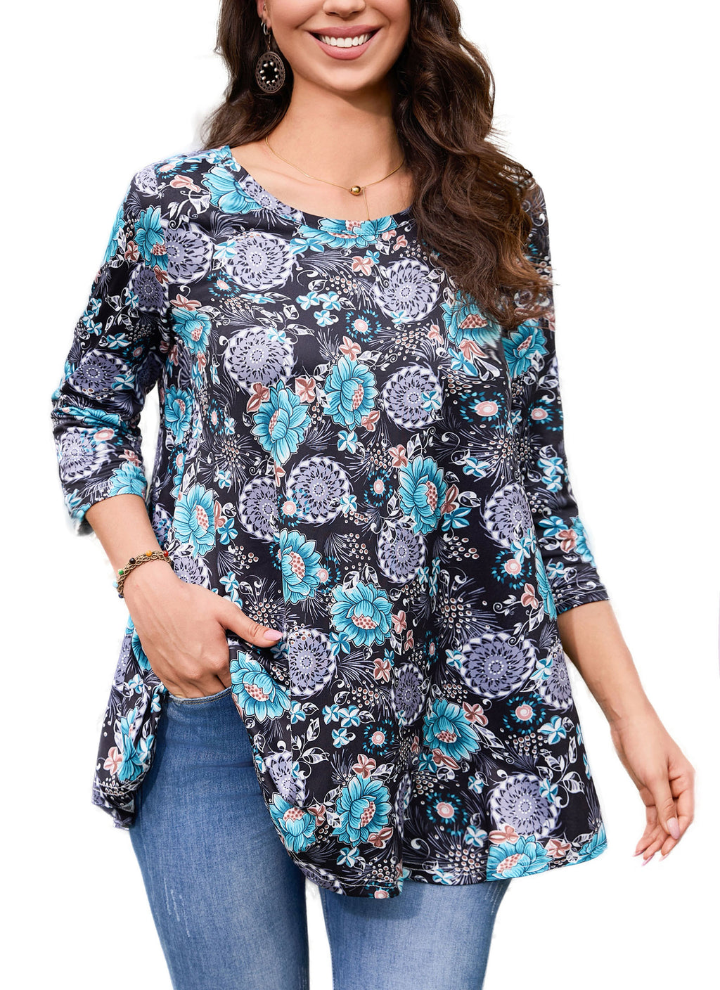 Tunic Tops for Women Plus Size 3/4 Sleeve Crew Neck Swing Flare Loose T-Shirt Blouses to Wear with Leggings