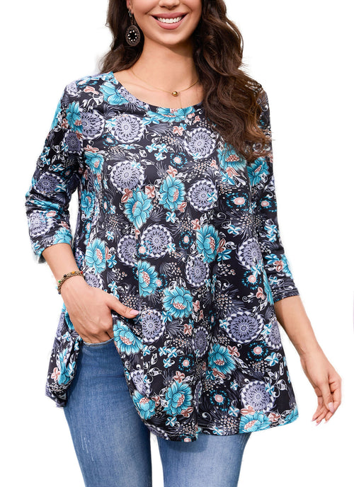 Tunic Tops for Women Plus Size 3/4 Sleeve Crew Neck Swing Flare Loose T-Shirt Blouses to Wear with Leggings