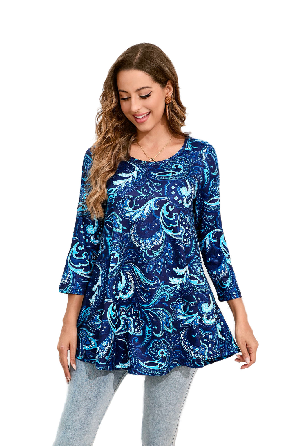 Tunic Tops for Women Plus Size 3/4 Sleeve Crew Neck Swing Flare Loose T-Shirt Blouses to Wear with Leggings