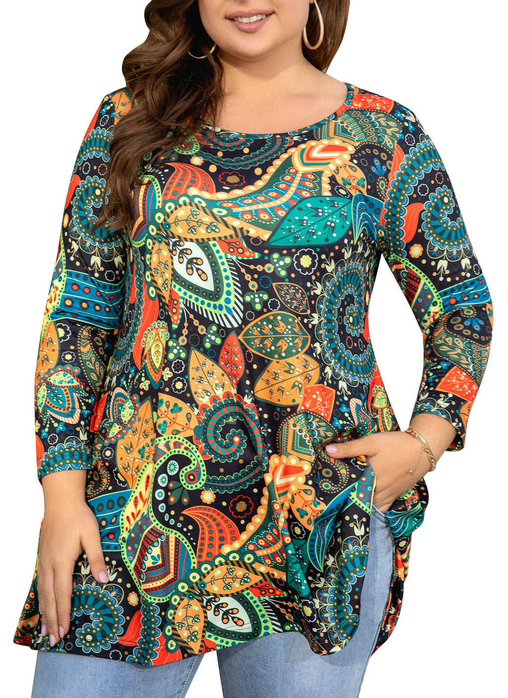 Womens Tunic Tops 3/4 Sleeve Plus Size Crew Neck Swing Flare Loose Fit T-Shirt Blouses to Wear with Leggings