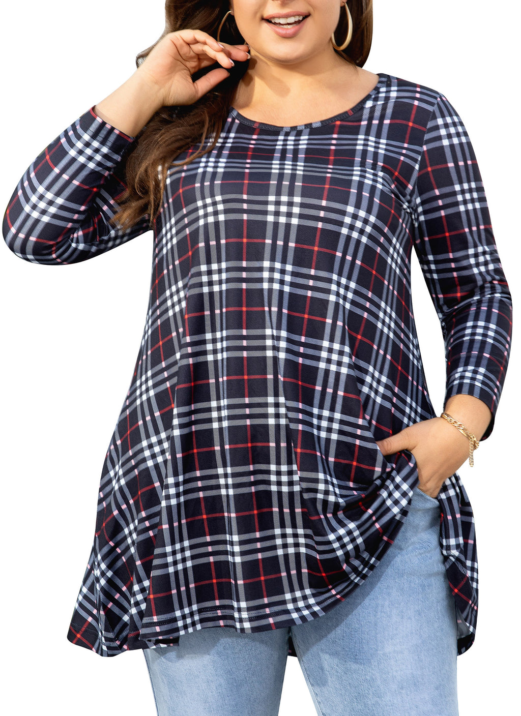 Womens Tunic Tops 3/4 Sleeve Plus Size Crew Neck Swing Flare Loose Fit T-Shirt Blouses to Wear with Leggings
