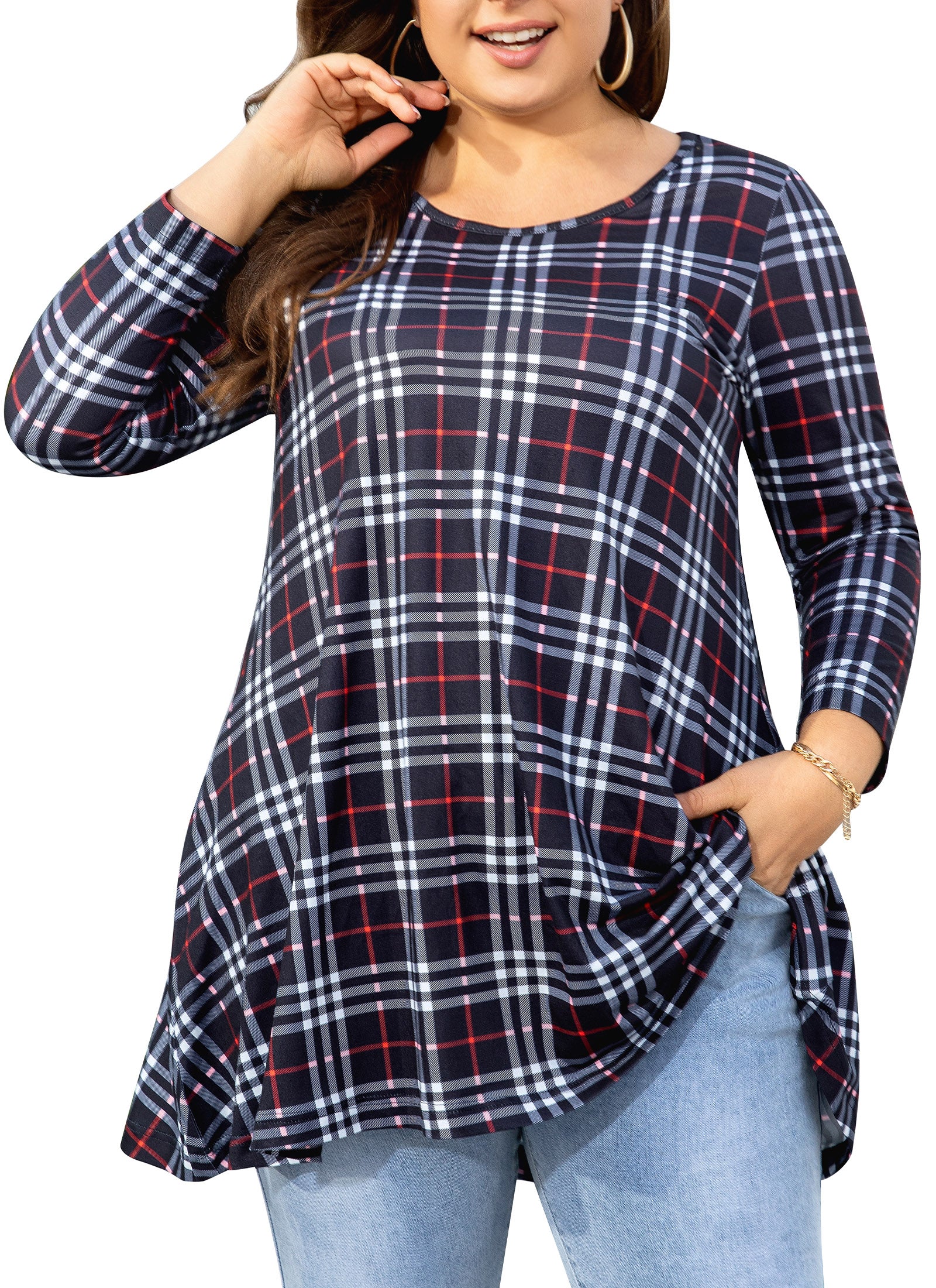 Womens Tunic Tops 3/4 Sleeve Plus Size Crew Neck Swing Flare Loose Fit T-Shirt Blouses to Wear with Leggings