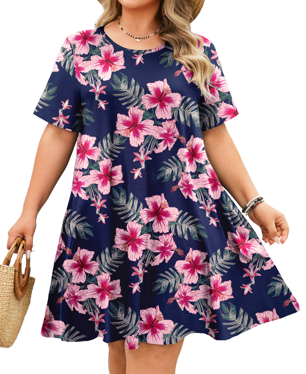 Women's Casual T-Shirt Dress Plus Size Summer Short Sleeve Crewneck Swing Dresses Beach Vacation