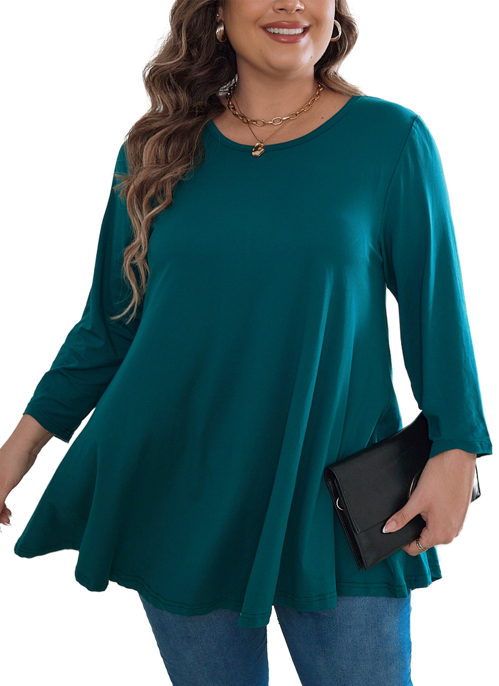 Womens Tunic Tops 3/4 Sleeve Plus Size Crew Neck Swing Flare Loose Fit T-Shirt Blouses to Wear with Leggings