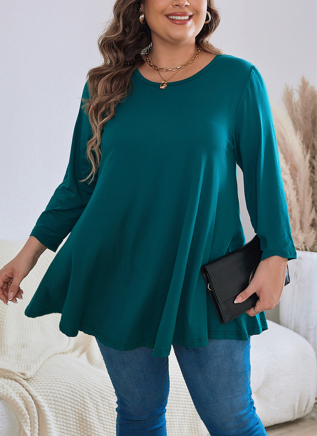Womens Tunic Tops 3/4 Sleeve Plus Size Crew Neck Swing Flare Loose Fit T-Shirt Blouses to Wear with Leggings