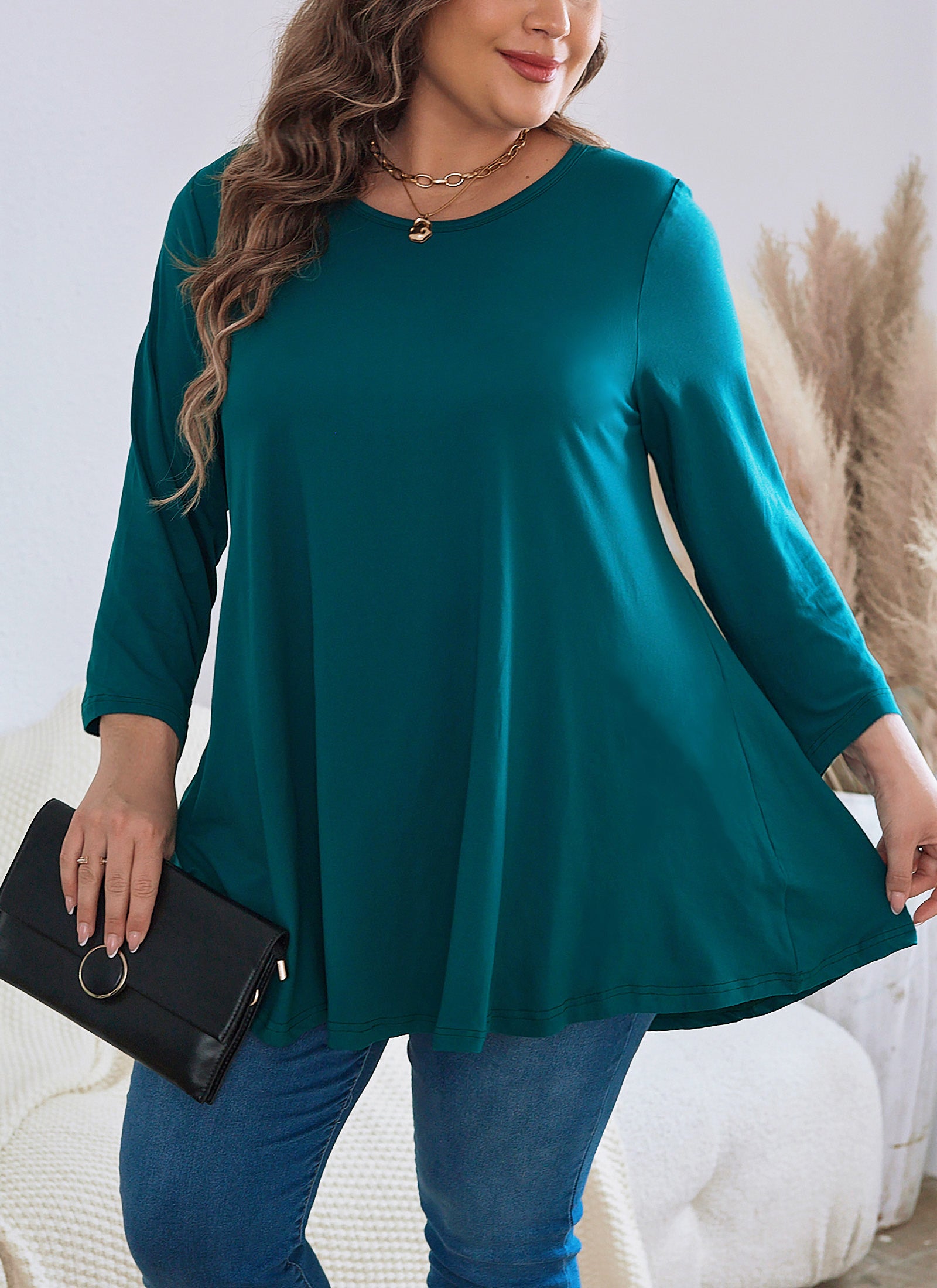 Womens Tunic Tops 3/4 Sleeve Plus Size Crew Neck Swing Flare Loose Fit T-Shirt Blouses to Wear with Leggings