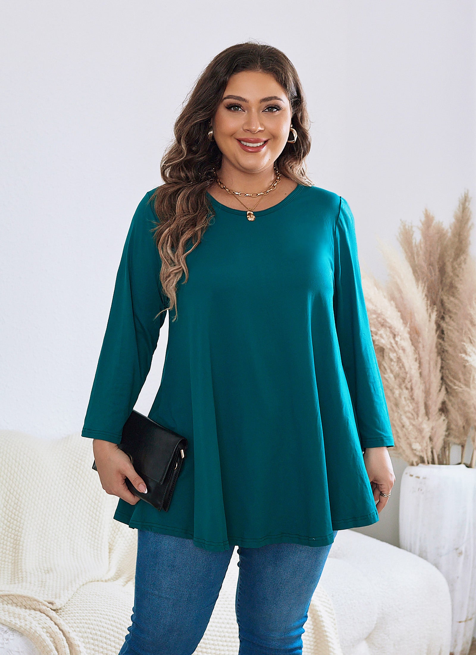 Womens Tunic Tops 3/4 Sleeve Plus Size Crew Neck Swing Flare Loose Fit T-Shirt Blouses to Wear with Leggings