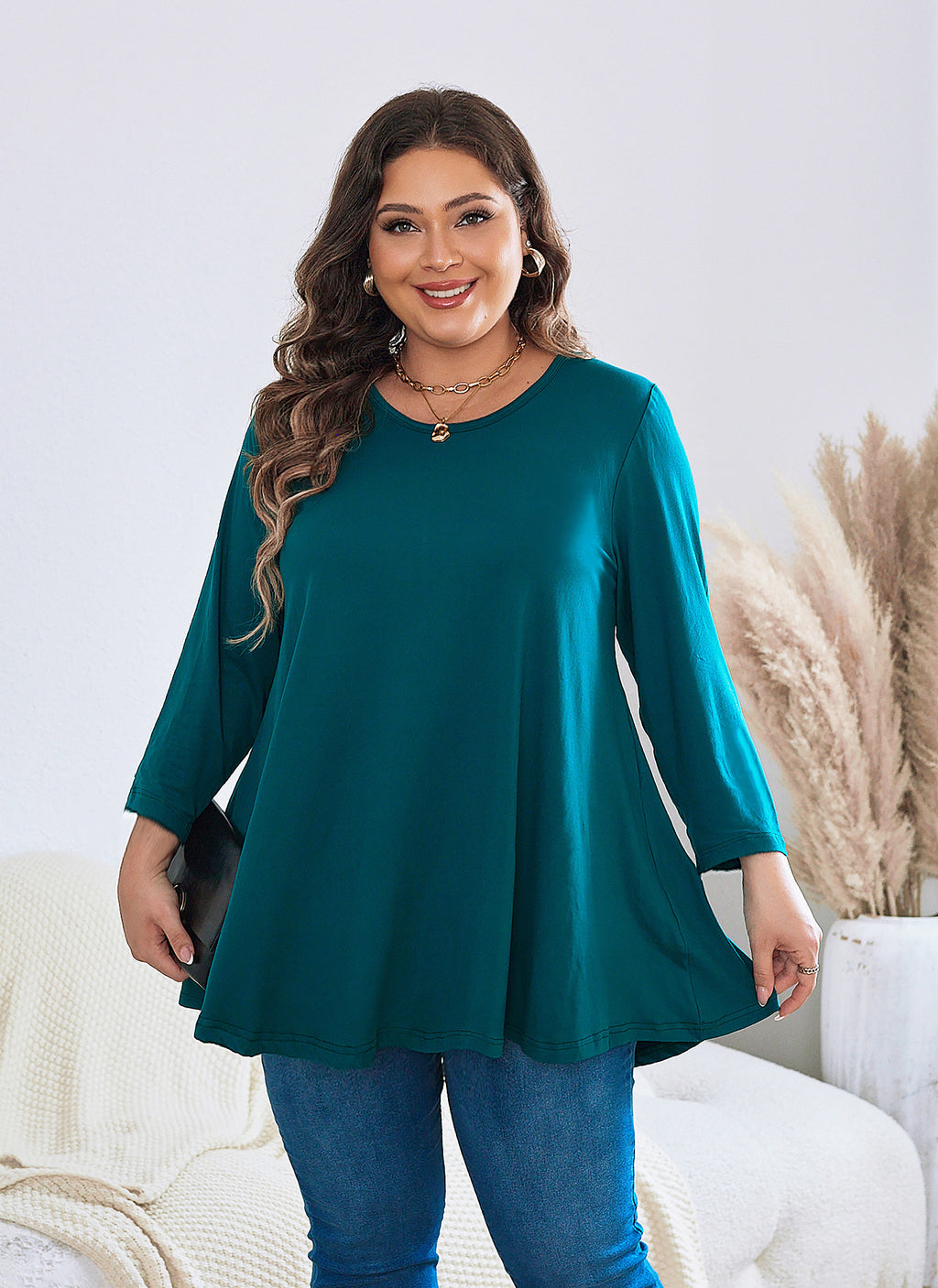 Womens Tunic Tops 3/4 Sleeve Plus Size Crew Neck Swing Flare Loose Fit T-Shirt Blouses to Wear with Leggings