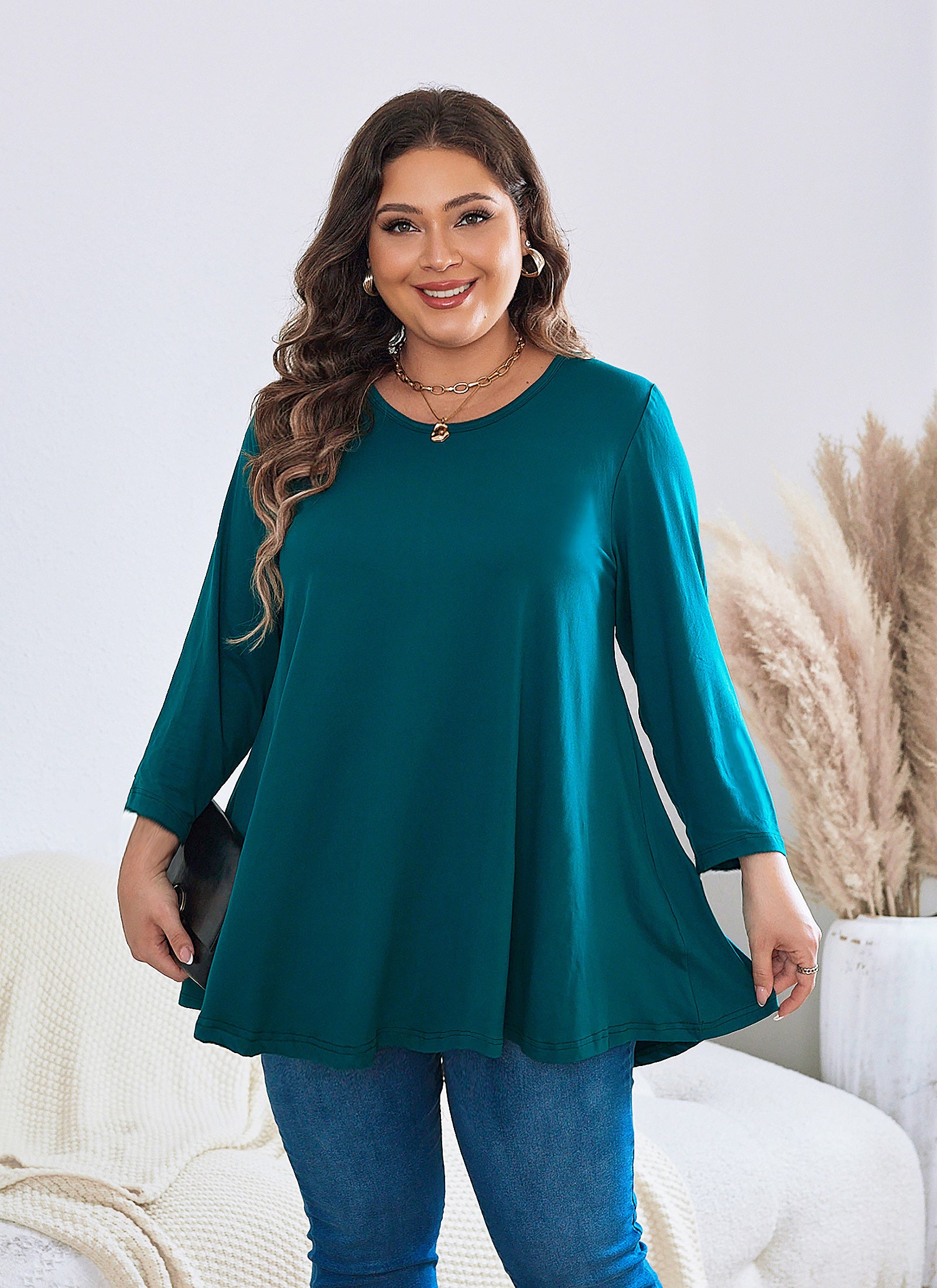 Womens Tunic Tops 3/4 Sleeve Plus Size Crew Neck Swing Flare Loose Fit T-Shirt Blouses to Wear with Leggings