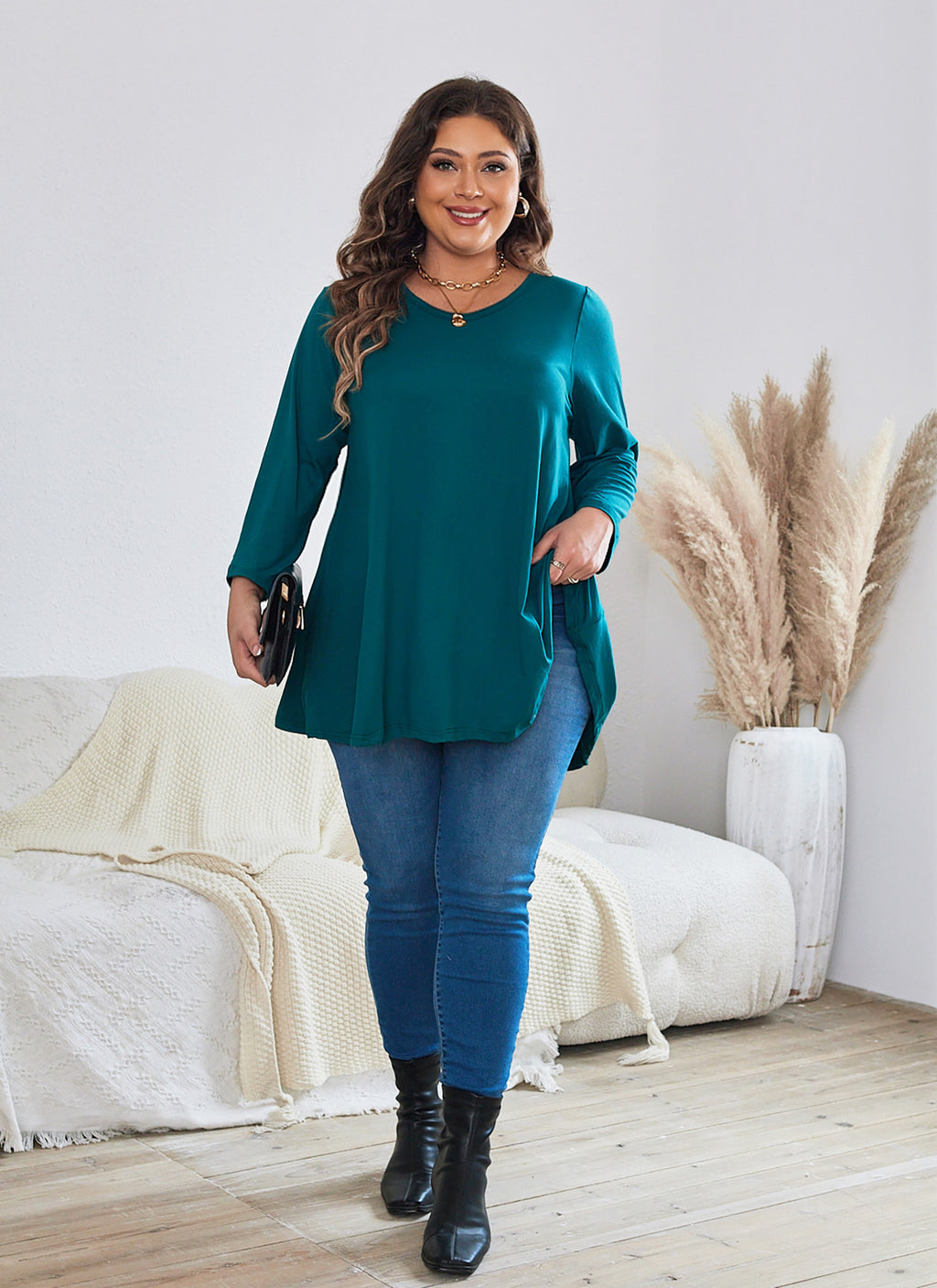 Womens Tunic Tops 3/4 Sleeve Plus Size Crew Neck Swing Flare Loose Fit T-Shirt Blouses to Wear with Leggings