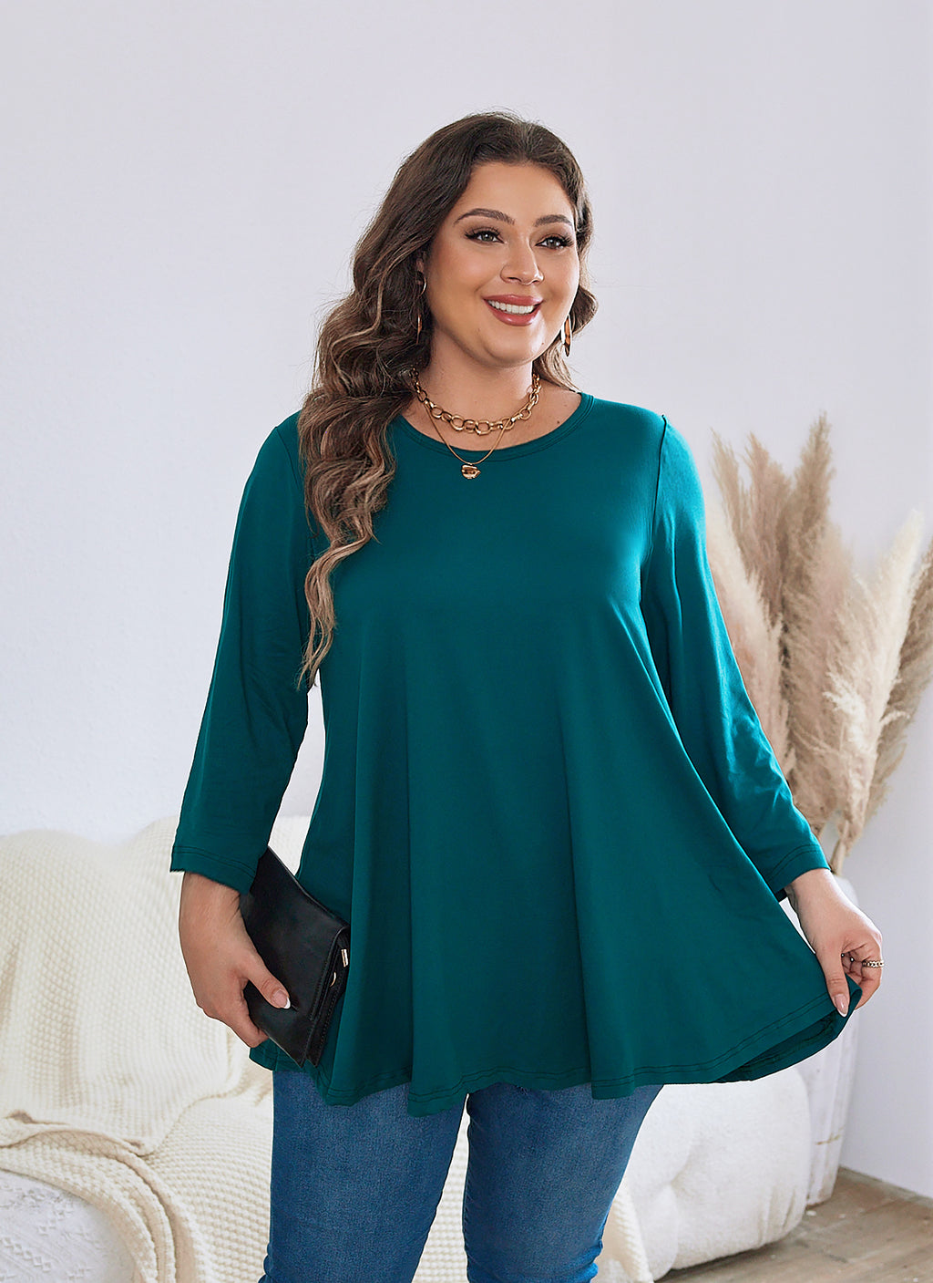 Womens Tunic Tops 3/4 Sleeve Plus Size Crew Neck Swing Flare Loose Fit T-Shirt Blouses to Wear with Leggings