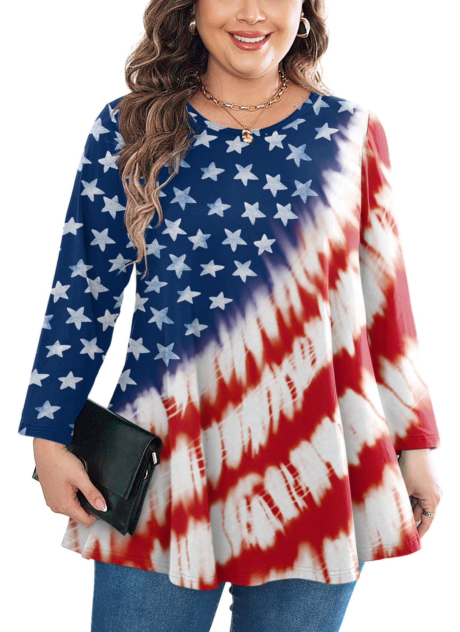 Tunic Tops for Women Plus Size 3/4 Sleeve Crew Neck Swing Flare Loose T-Shirt Blouses to Wear with Leggings