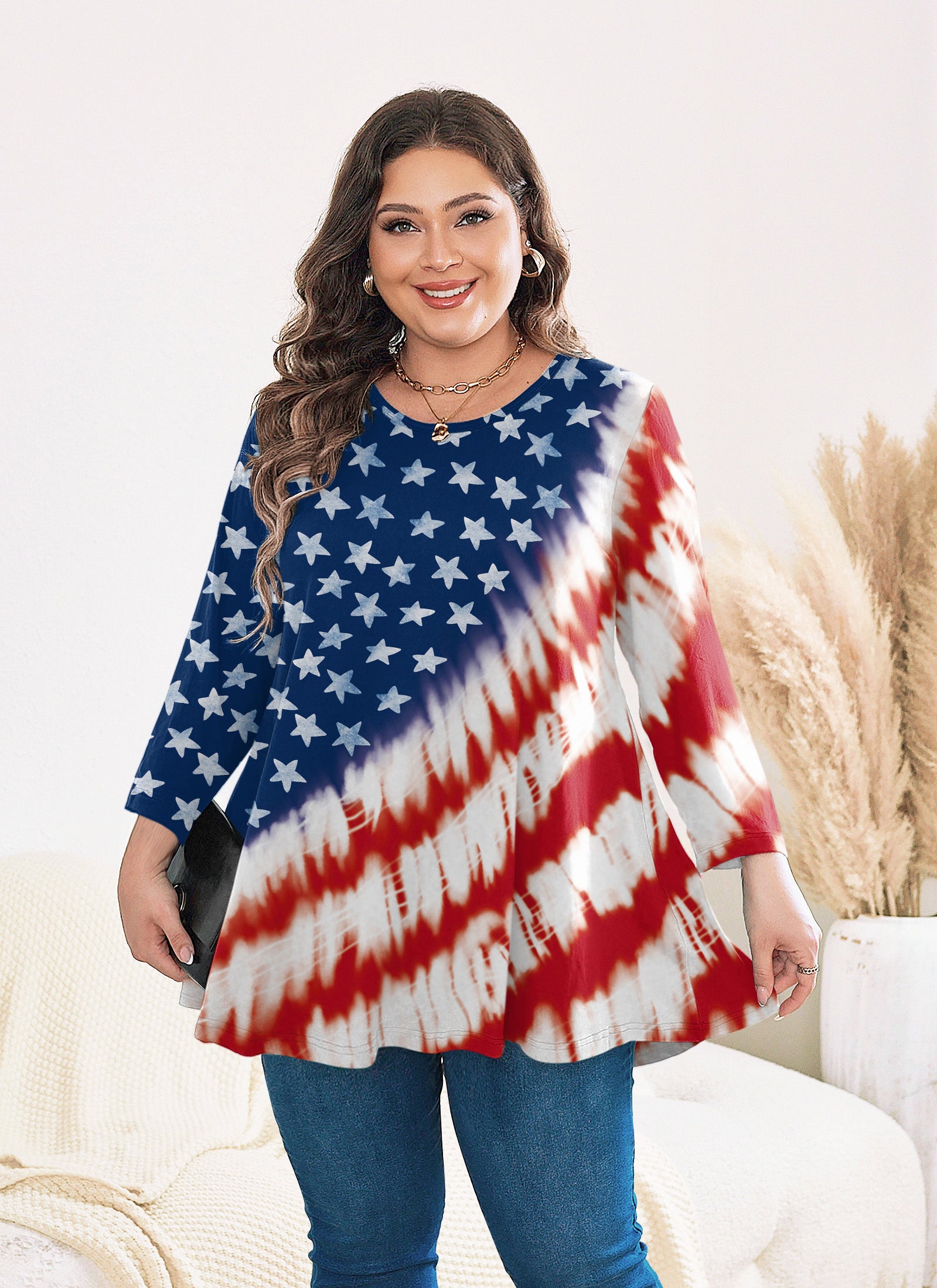 Tunic Tops for Women Plus Size 3/4 Sleeve Crew Neck Swing Flare Loose T-Shirt Blouses to Wear with Leggings