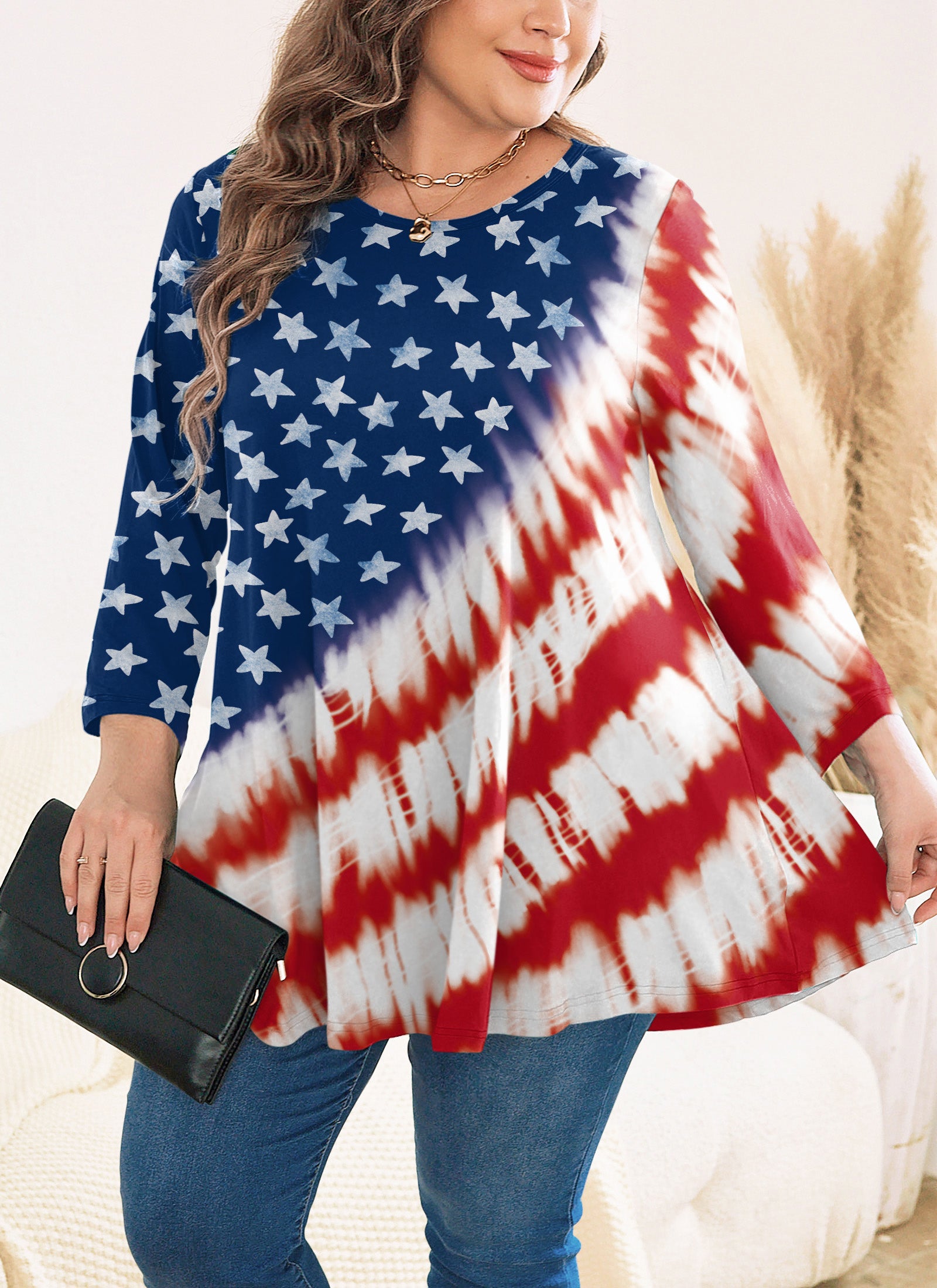 Tunic Tops for Women Plus Size 3/4 Sleeve Crew Neck Swing Flare Loose T-Shirt Blouses to Wear with Leggings