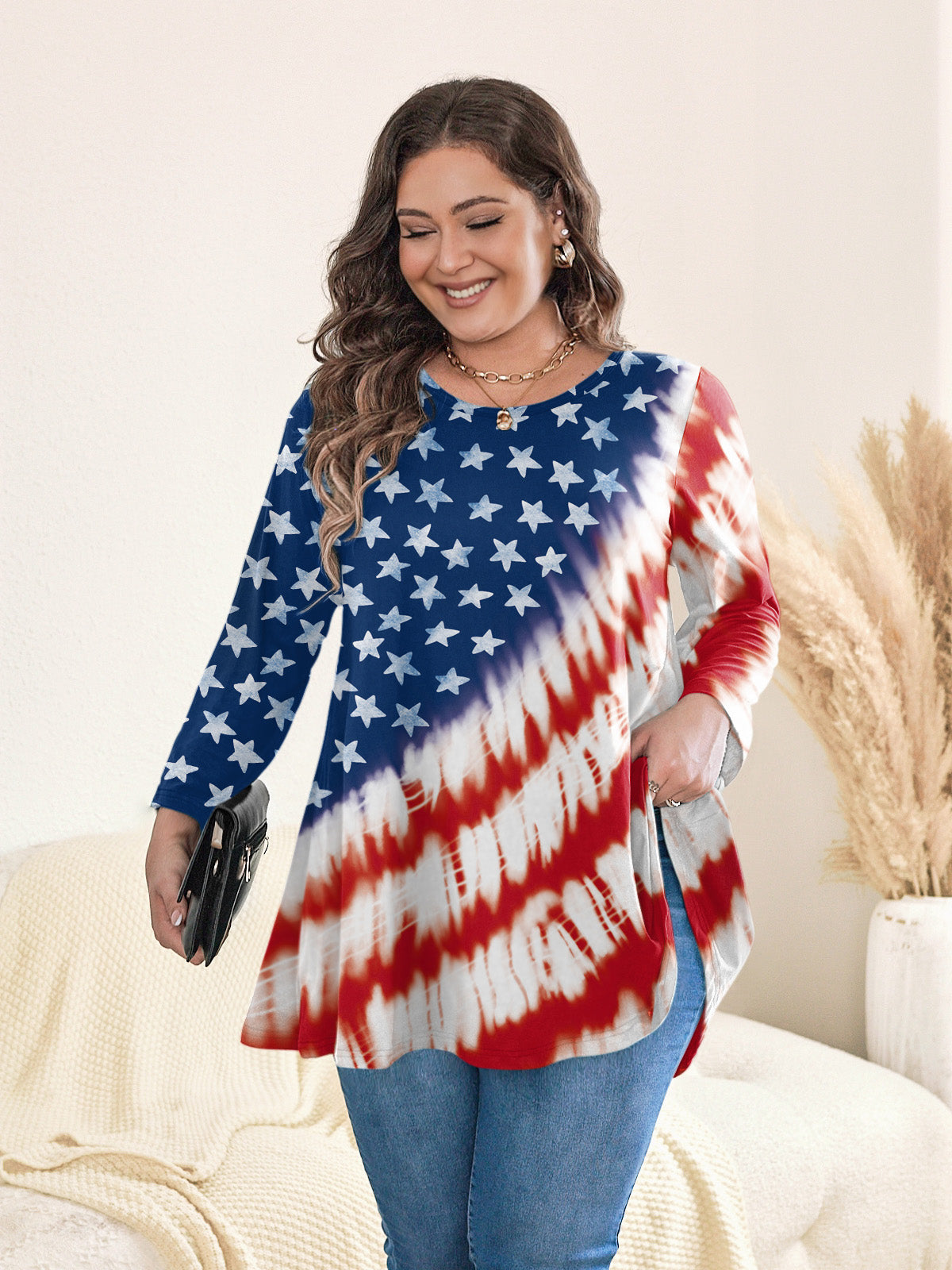 Tunic Tops for Women Plus Size 3/4 Sleeve Crew Neck Swing Flare Loose T-Shirt Blouses to Wear with Leggings