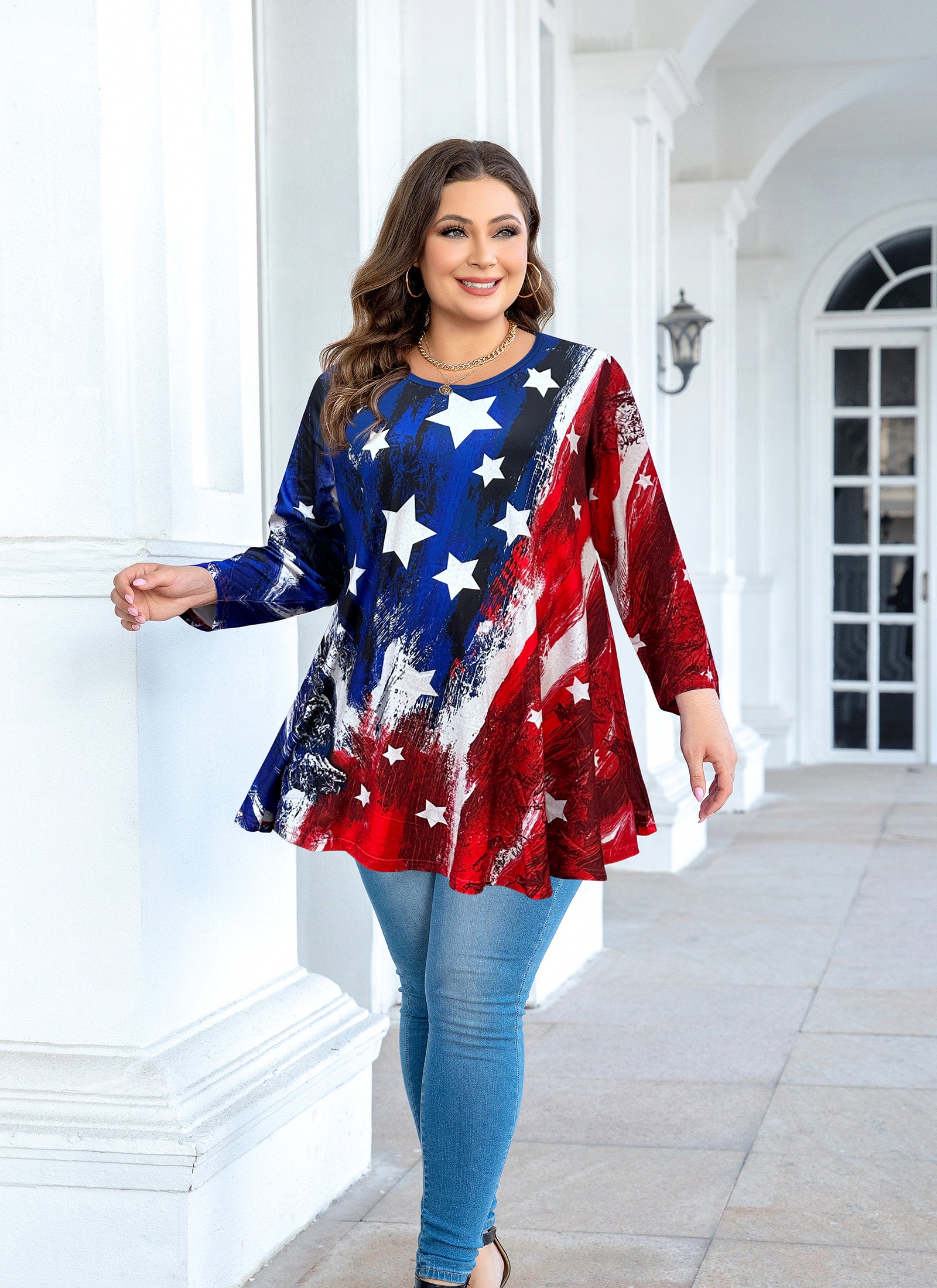 Womens Tunic 3/4 Sleeve Plus Size Tops Crew Neck Swing Flowy Loose Fit T-Shirt Blouses to Wear with Leggings