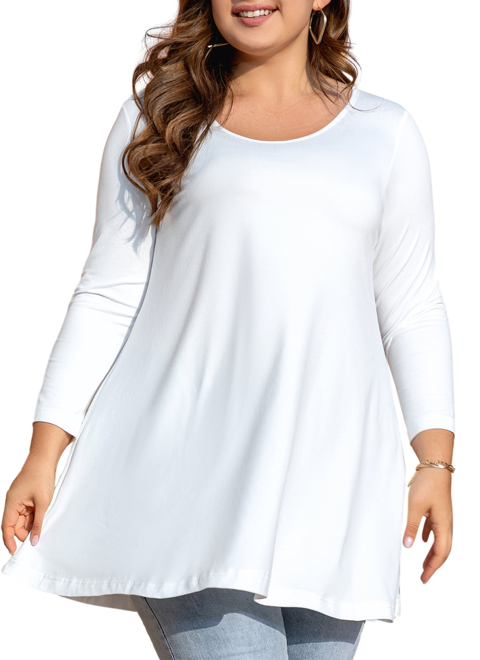 Womens Tunic Tops 3/4 Sleeve Plus Size Crew Neck Swing Flare Loose Fit T-Shirt Blouses to Wear with Leggings