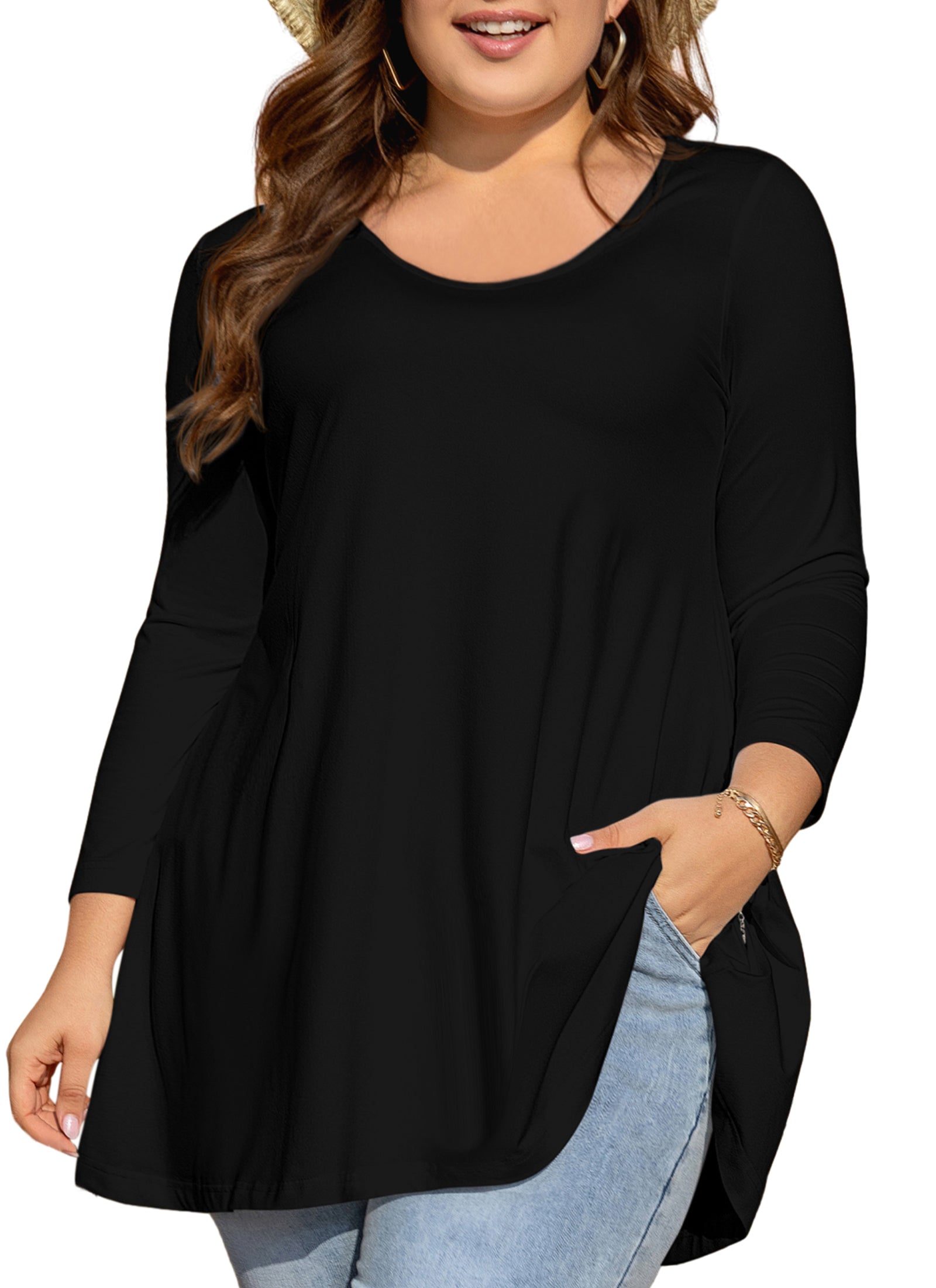 Womens Tunic Tops 3/4 Sleeve Plus Size Crew Neck Swing Flare Loose Fit T-Shirt Blouses to Wear with Leggings