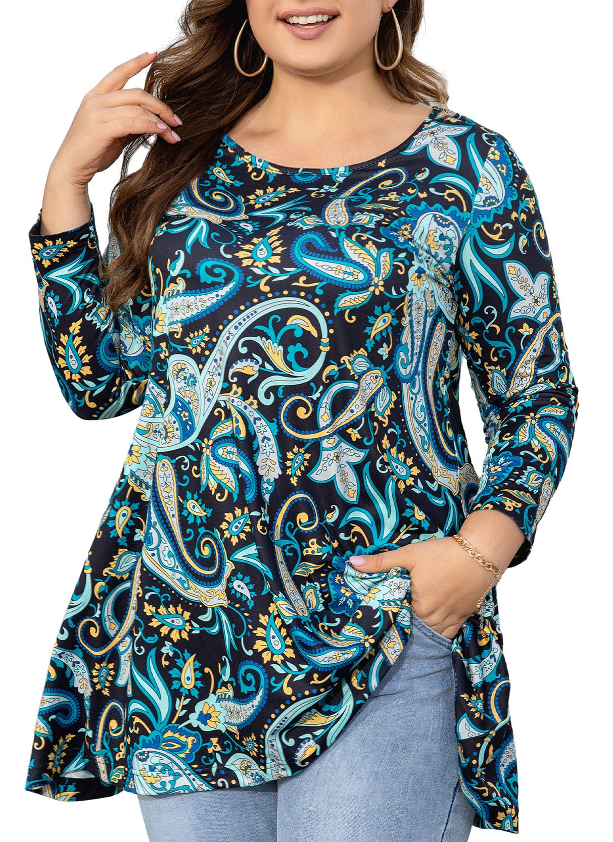 Womens Tunic Tops 3/4 Sleeve Plus Size Crew Neck Swing Flare Loose Fit T-Shirt Blouses to Wear with Leggings