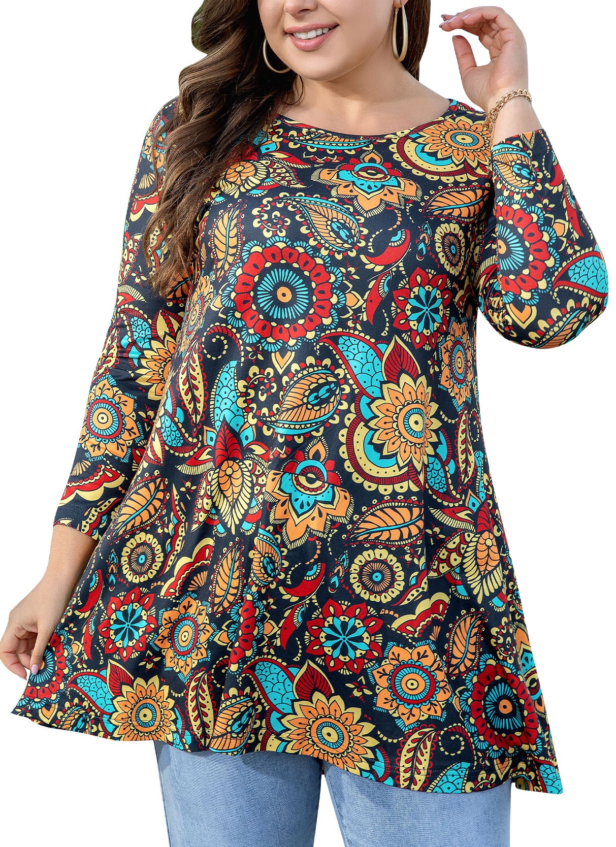 Womens Tunic Tops 3/4 Sleeve Plus Size Crew Neck Swing Flare Loose Fit T-Shirt Blouses to Wear with Leggings