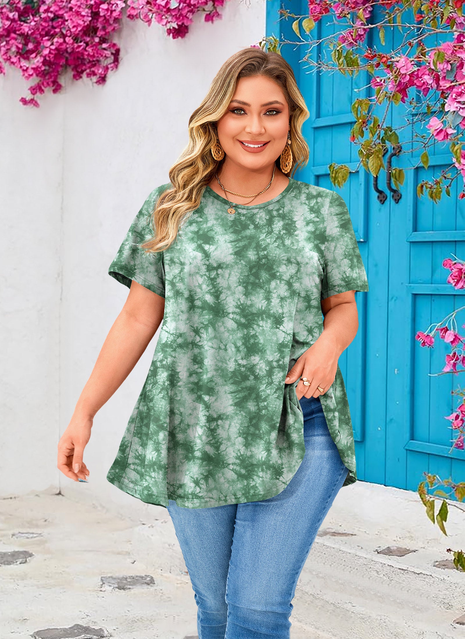 Womens Plus Size Tops Short Sleeve Swing Flare Flowy Tunic Loose Fit Summer Casual Blouses to Wear with Leggings