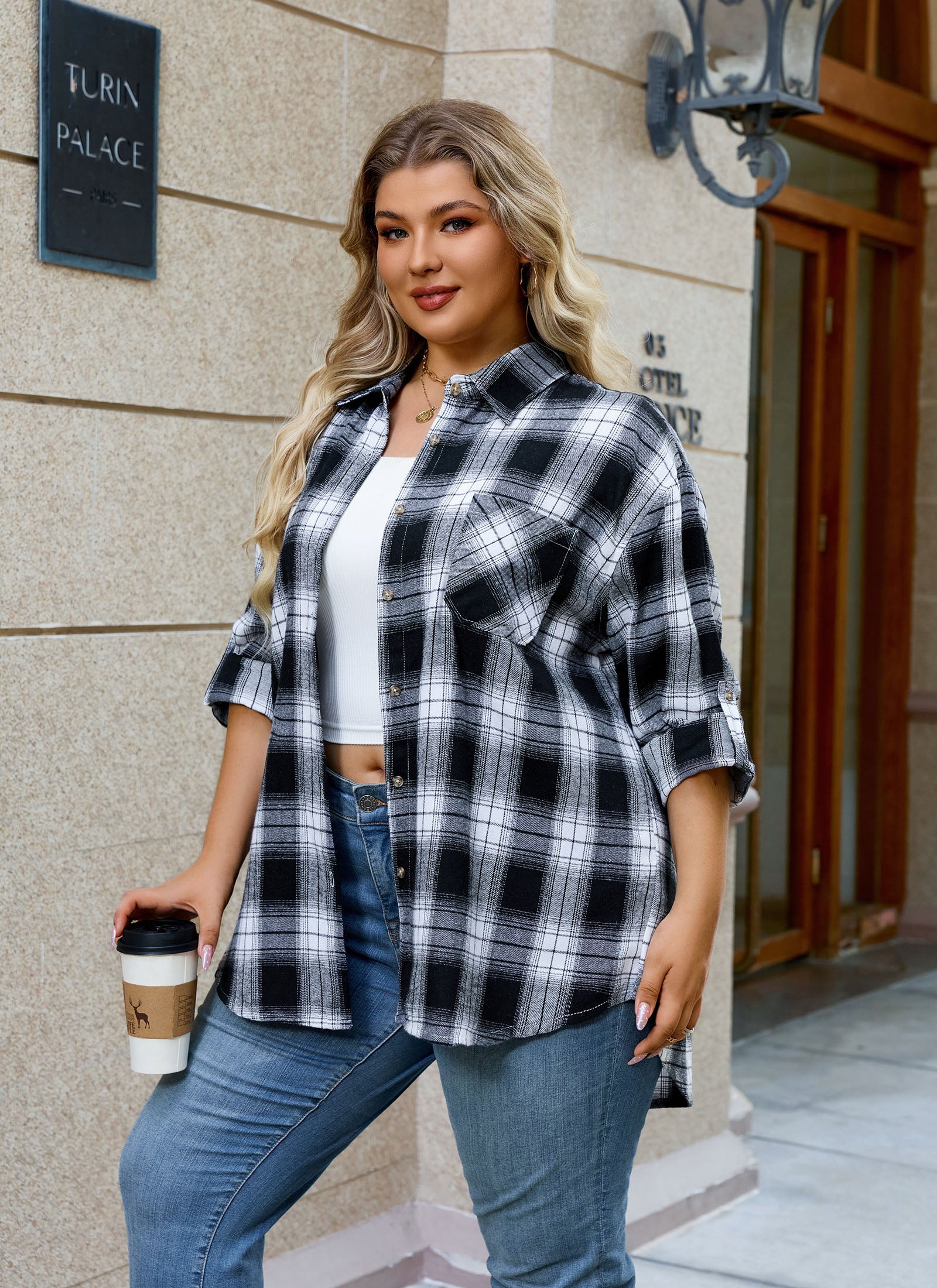 Womens Plus Size Flannel Shirts Long Sleeve Button Down Plaid Shirt Roll Up Oversize Checkered Blouse Top Fall