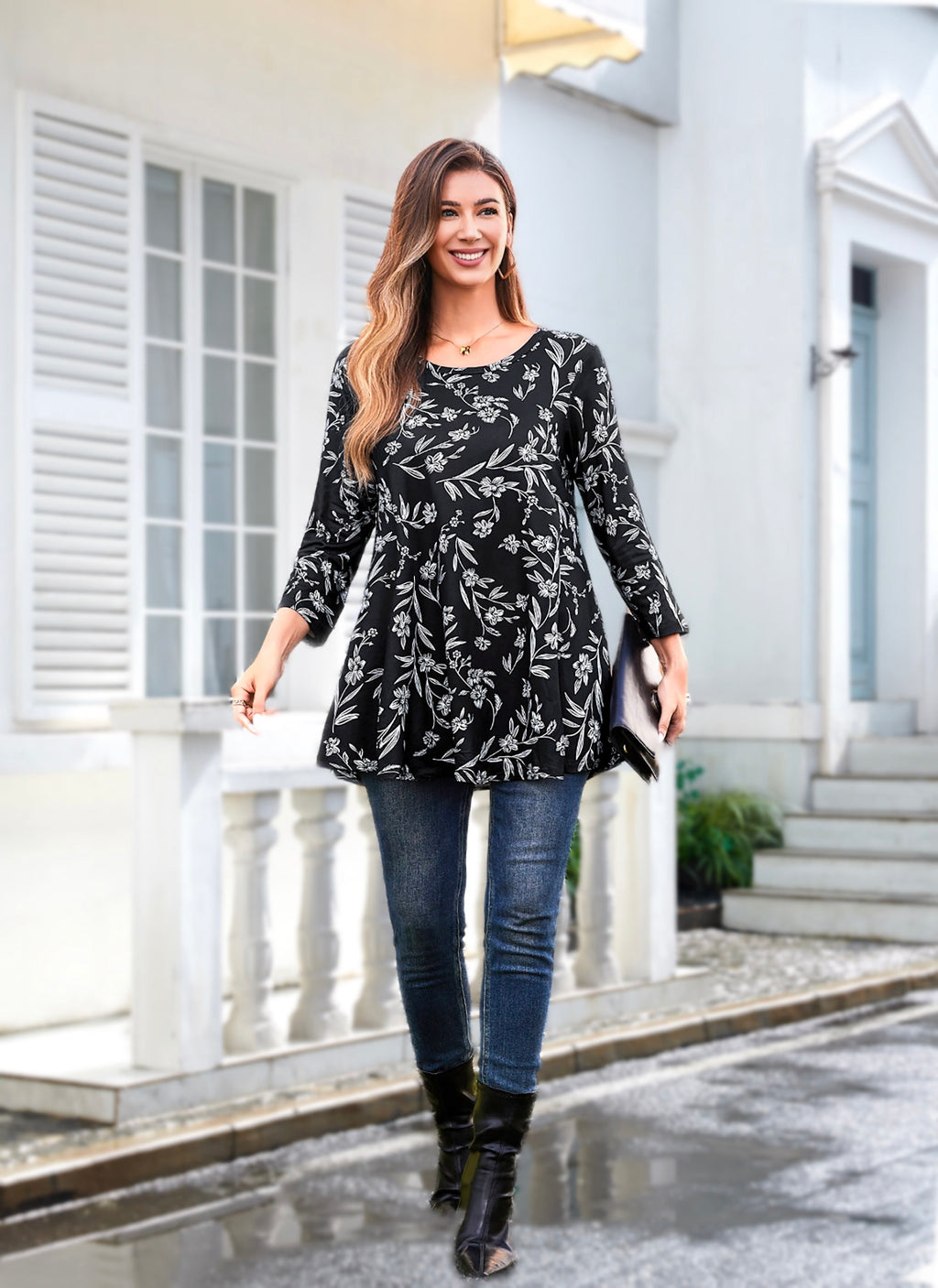 Tunic Tops for Women Plus Size 3/4 Sleeve Crew Neck Swing Flare Loose T-Shirt Blouses to Wear with Leggings