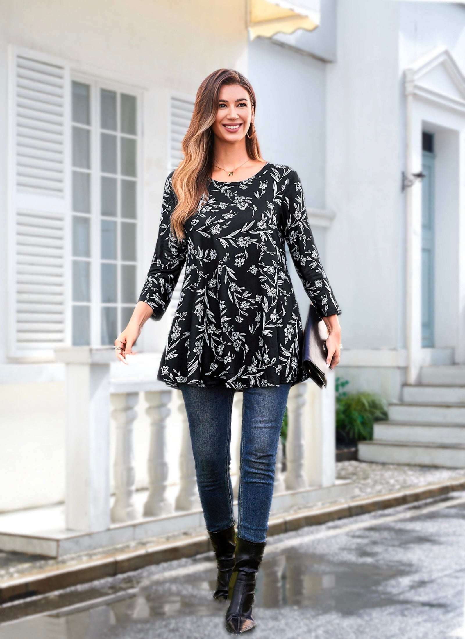 Tunic Tops for Women Plus Size 3/4 Sleeve Crew Neck Swing Flare Loose T-Shirt Blouses to Wear with Leggings