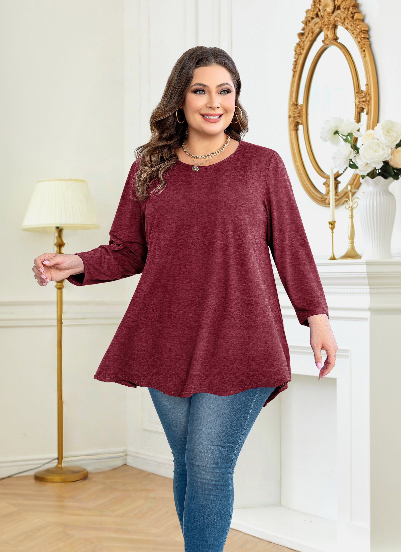 Plus Size Tops Womens Swing Tunic 3/4 Sleeve Flowy Long Blouses