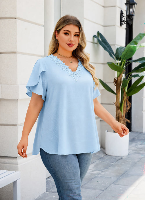Plus Size Top V Neck Short Sleeve Blouses for Curvy Women Loose Fit Dressy Floral Trim Ladies Tunic
