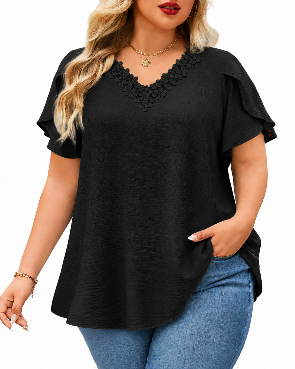 Women's V-Neck Floral Trim Blouse – Loose Fit Plus Size Top, Black