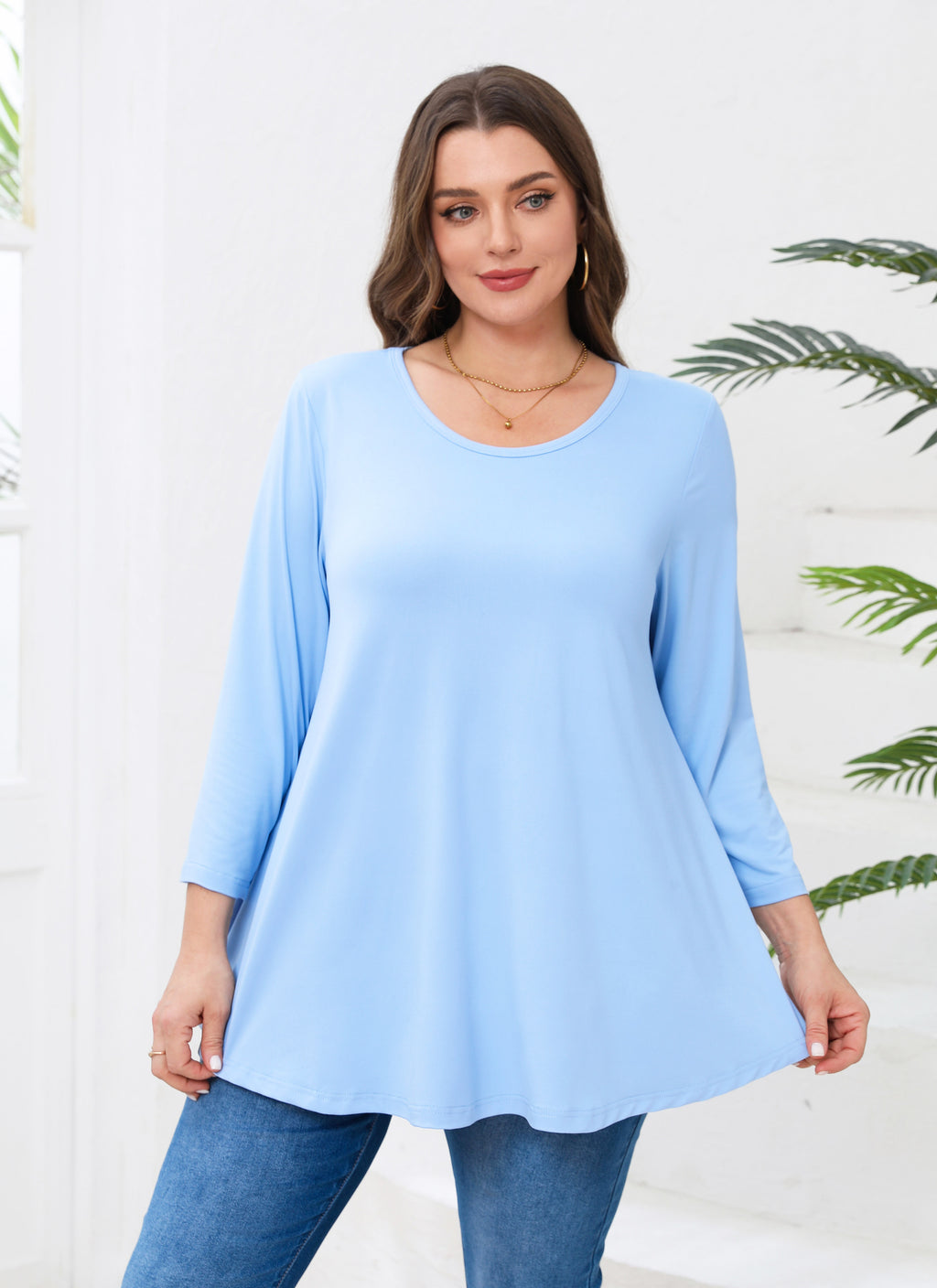 Womens Tunic Tops 3/4 Sleeve Plus Size Crew Neck Swing Flare Loose Fit T-Shirt Blouses to Wear with Leggings