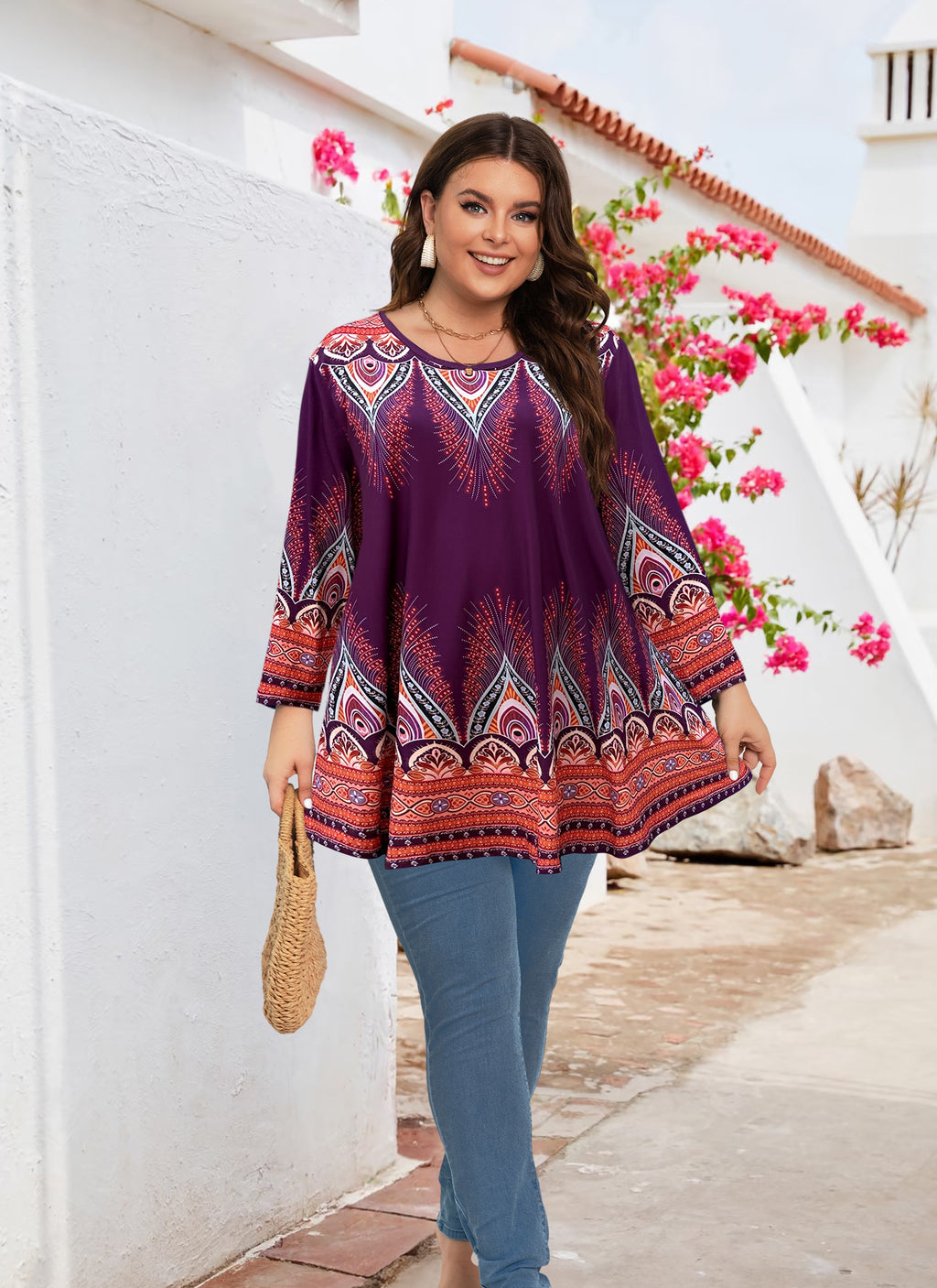 Womens Tunic 3/4 Sleeve Plus Size Tops Crew Neck Swing Flowy Loose Fit T-Shirt Blouses to Wear with Leggings