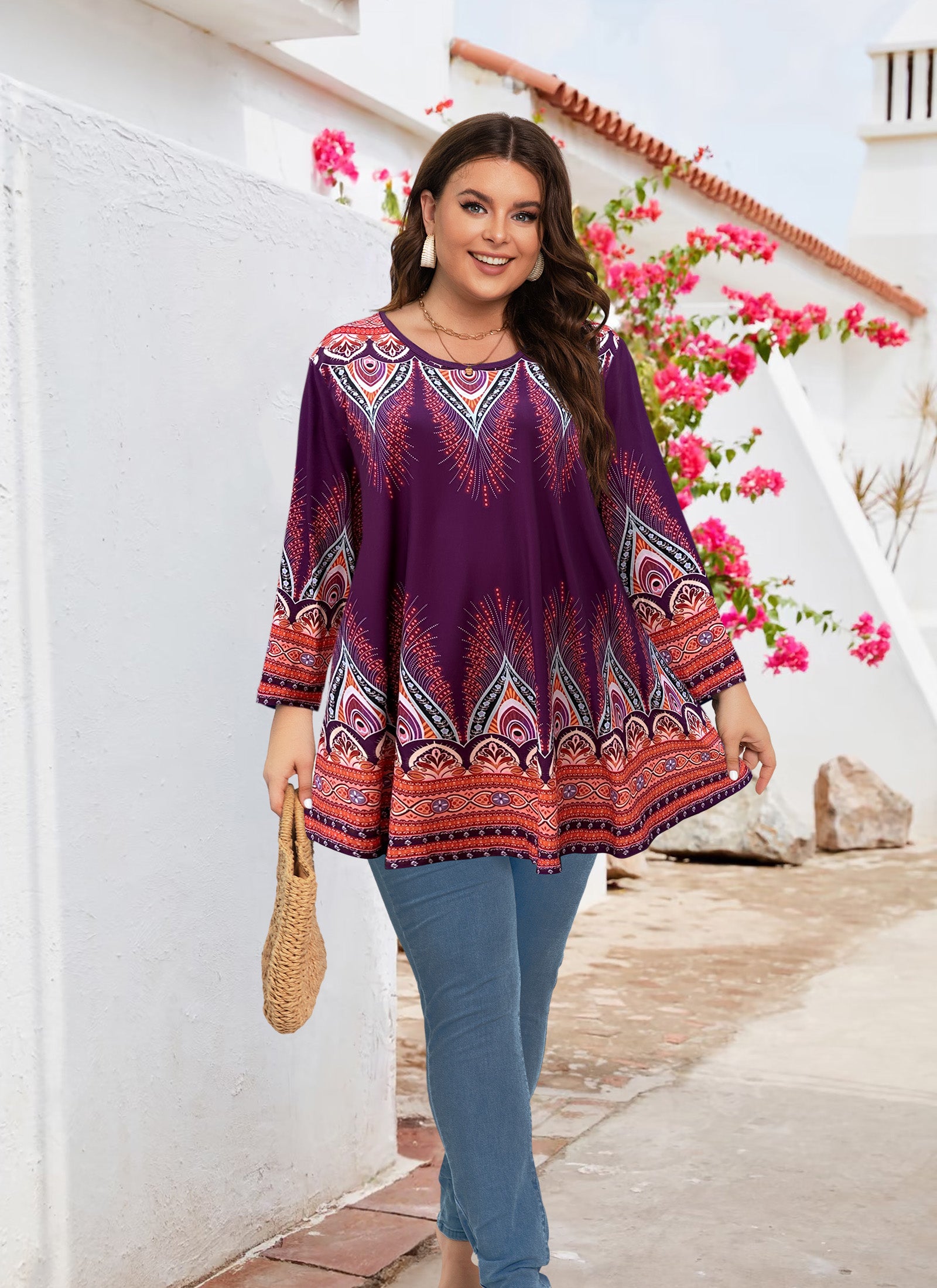 Womens Tunic 3/4 Sleeve Plus Size Tops Crew Neck Swing Flowy Loose Fit T-Shirt Blouses to Wear with Leggings
