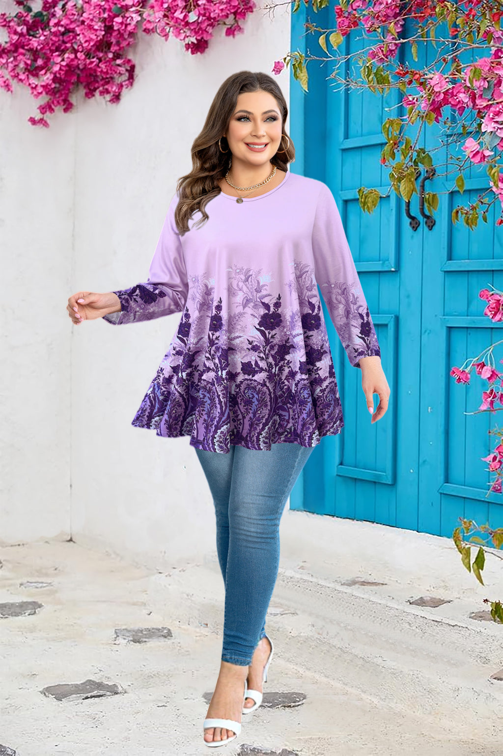 Plus Size Tops Womens Swing Tunic 3/4 Sleeve Flowy Long Blouses