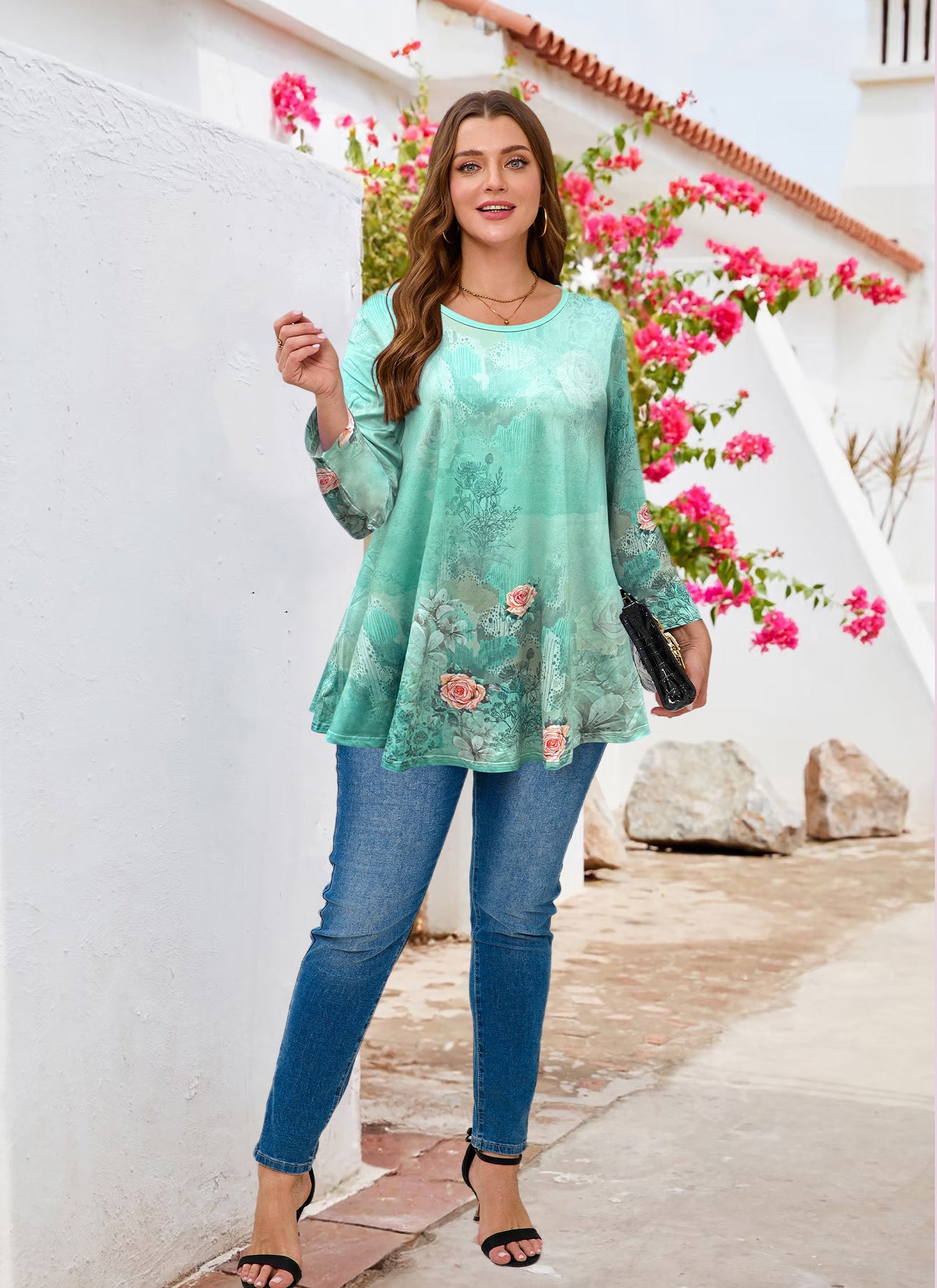 Womens Tunic Tops 3/4 Sleeve Plus Size Crew Neck Swing Flare Loose Fit T-Shirt Blouses to Wear with Leggings