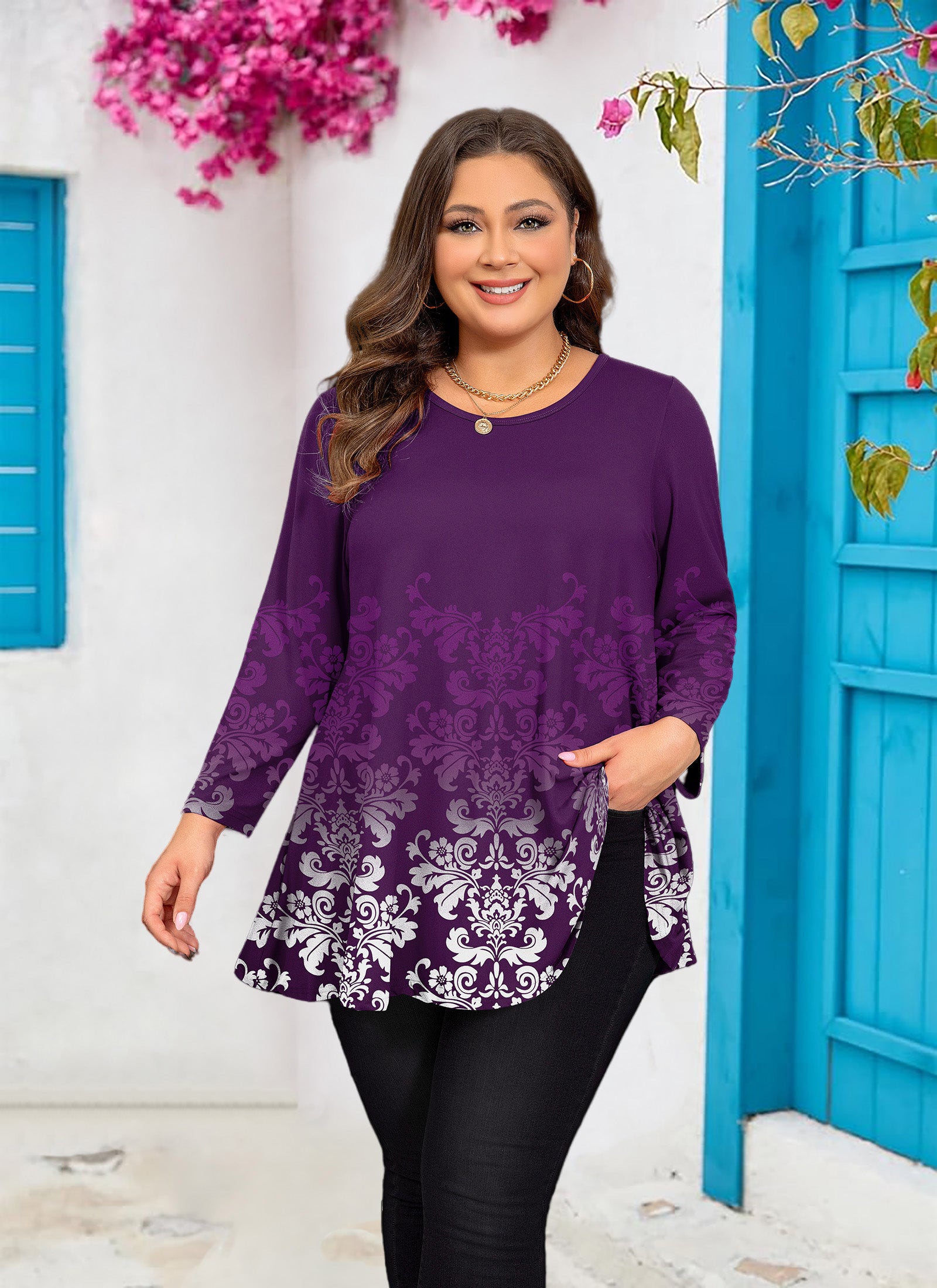 Womens Tunic 3/4 Sleeve Plus Size Tops Crew Neck Swing Flowy Loose Fit T-Shirt Blouses to Wear with Leggings