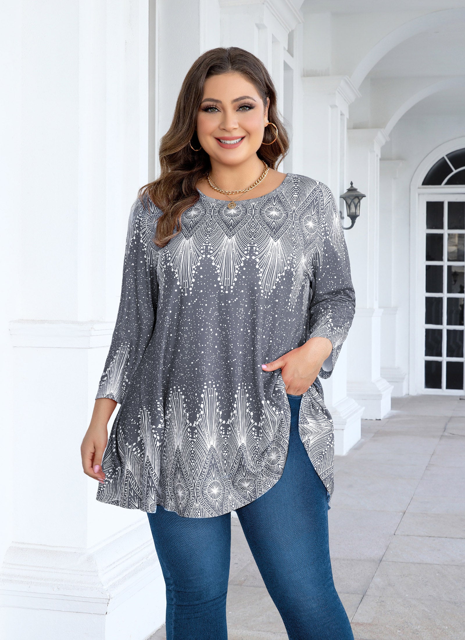 Tunic Tops for Women Plus Size 3/4 Sleeve Crew Neck Swing Flare Loose T-Shirt Blouses to Wear with Leggings