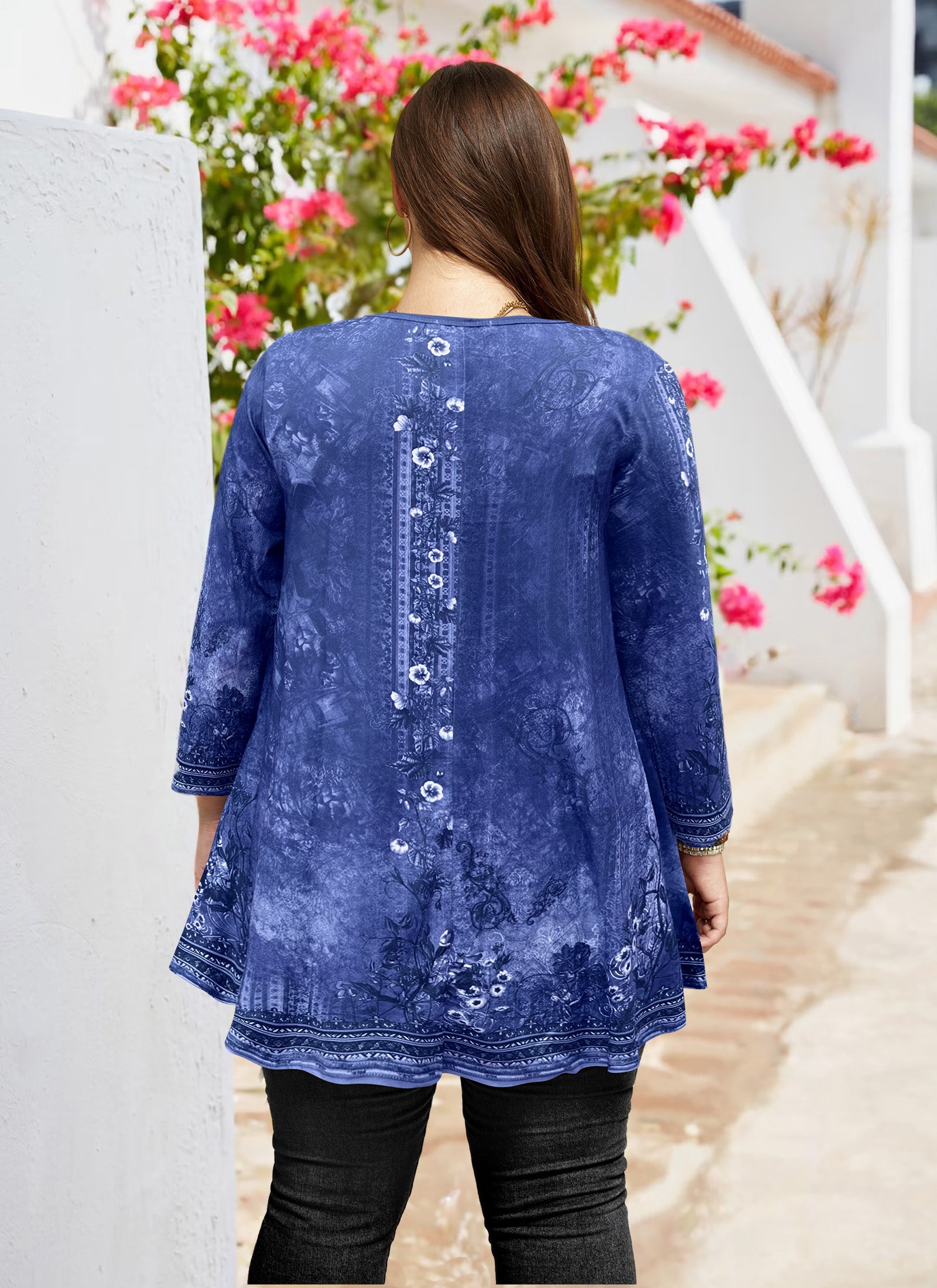 Tunic Tops for Women Plus Size 3/4 Sleeve Crew Neck Swing Flare Loose T-Shirt Blouses to Wear with Leggings